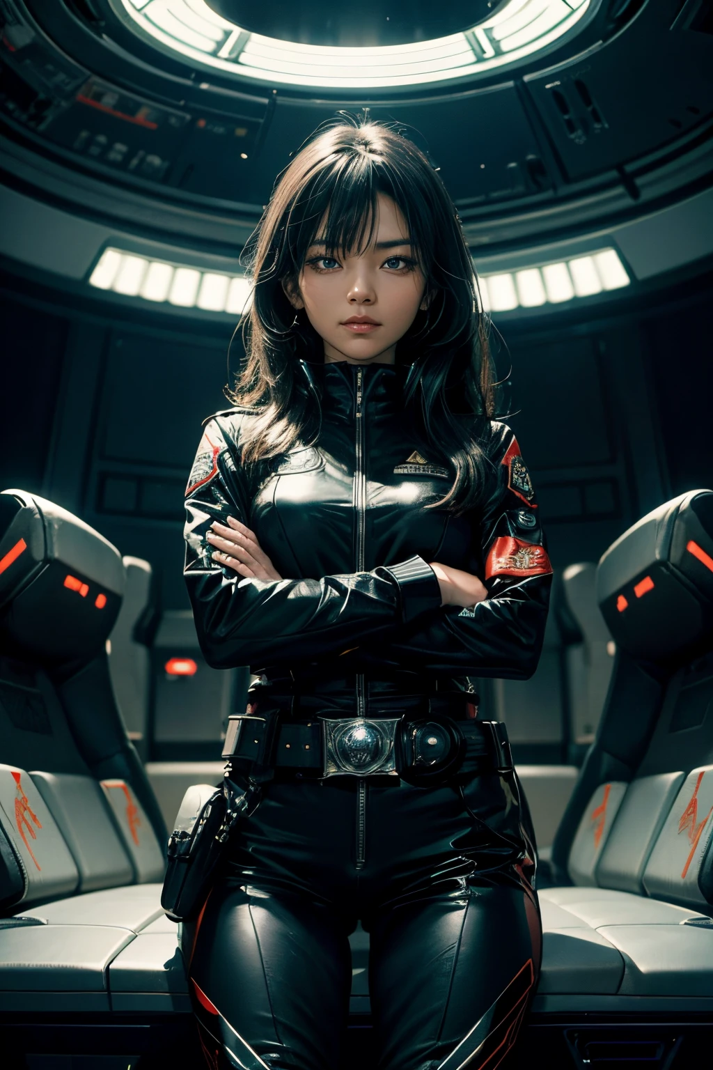 A woman in a black leather outfit standing in a spaceship - SeaArt AI