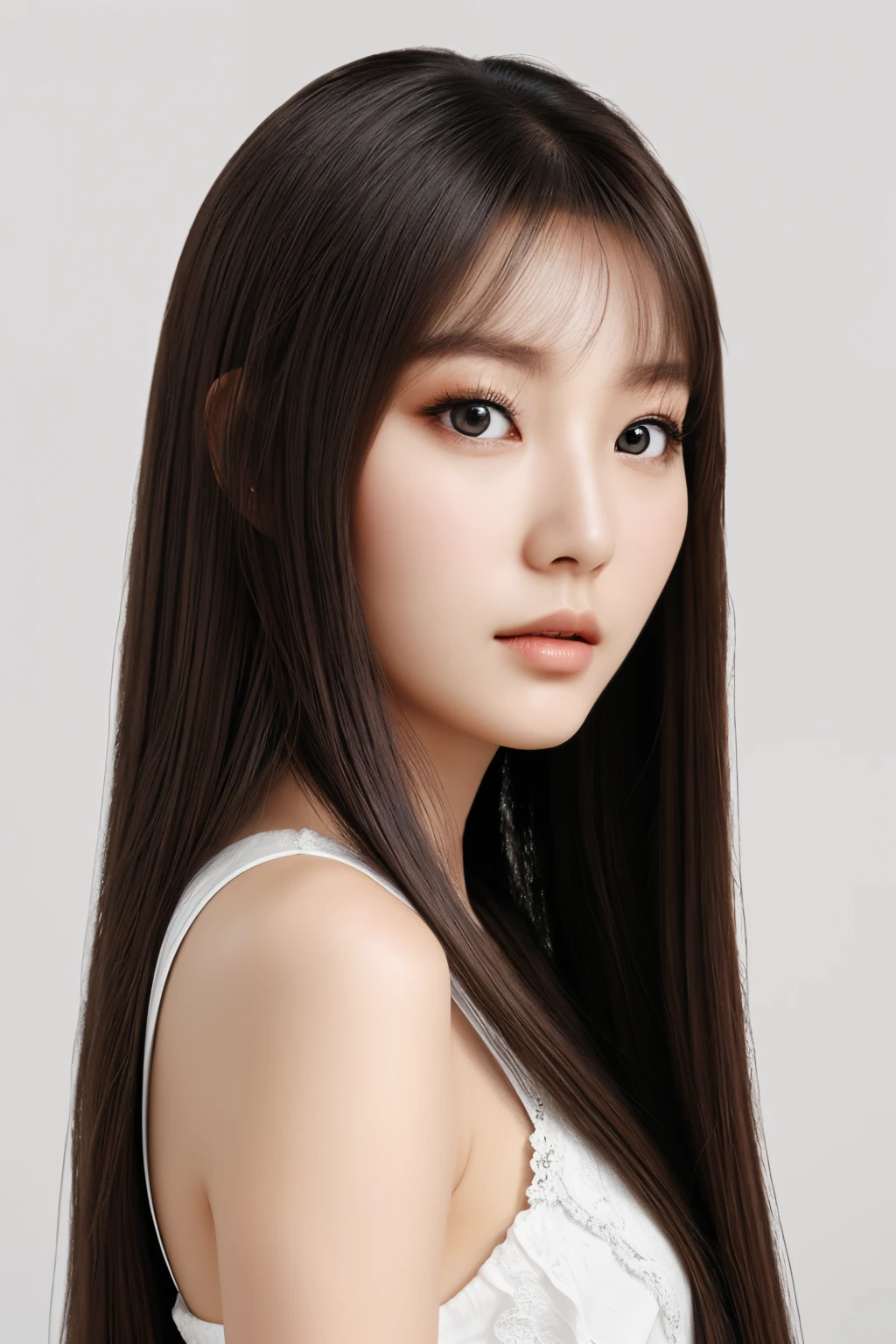 1 Chinese lady, (Realist:1), Brown hair, long whitr hair, 黑The eye, front portrait；White background image