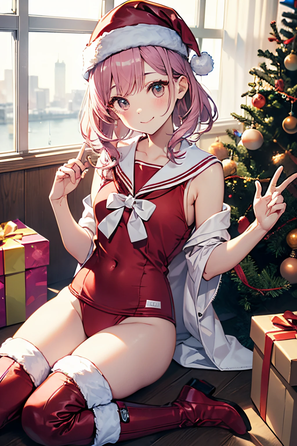 top-quality、Full limbs、complete fingers、Slender beauty、ssmile、short-cut、Wearing a school swimsuit、pink sailor school water、knee high、Wear long boots、Christmas 、Santa wearing a pink costume、Party Venue