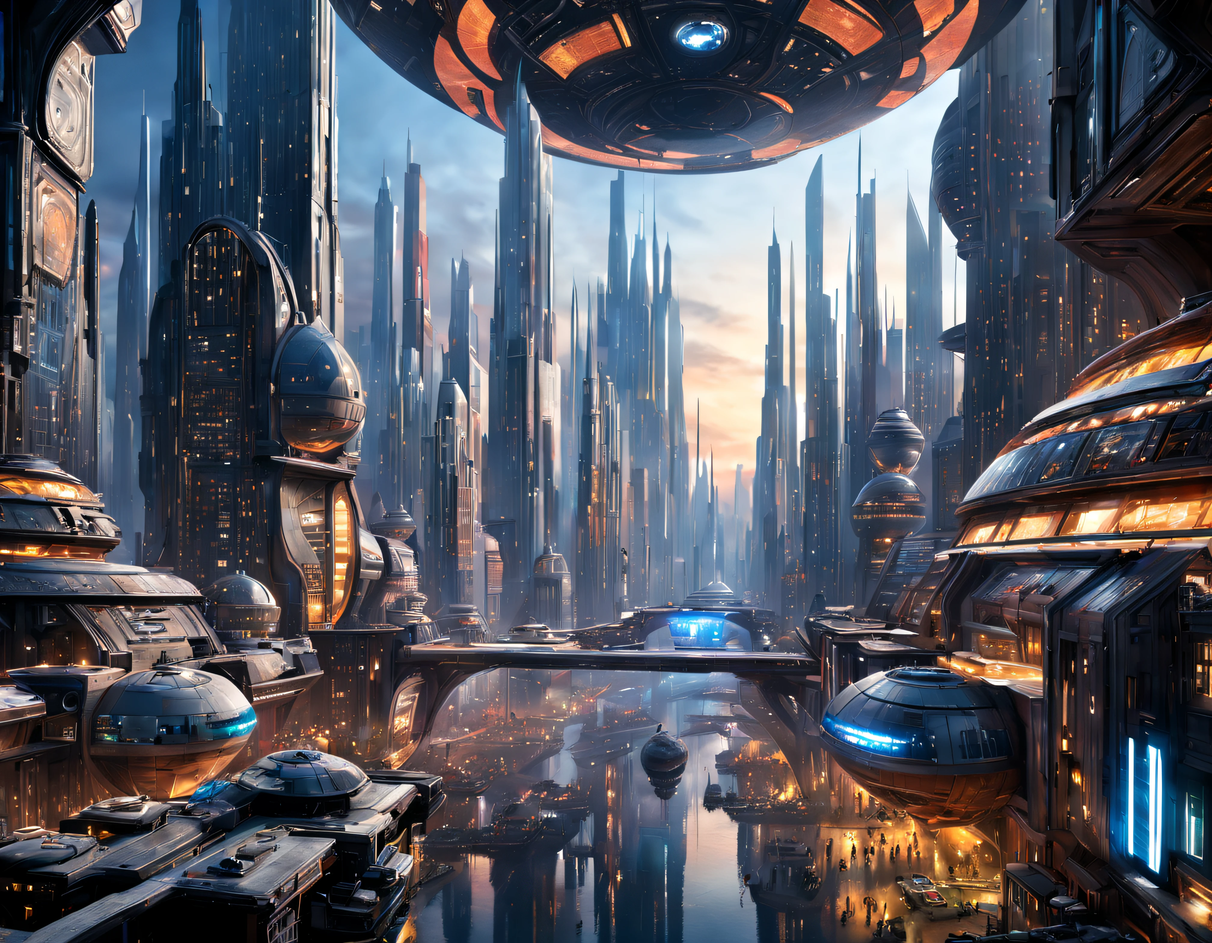 (The city of Coruscant from Star Wars as designed by Doug Chiang), futuristic fantasy city with immense buildings of technological design (que forman una avenida infinita), edificios compactor no difuminados con aspecto metalico, luces en ventanas en edificios, iluminacion diurna con sol, con estructuras acristaladas espectaculares, (con colores vivos). pavimento ensolado (sin brillo). gente paseando. imagen bien definida con muchos edificios juntos. imagen nitida bien definida 8k. los edificios llegan alta el fondo.,8k. imagen cinematografica