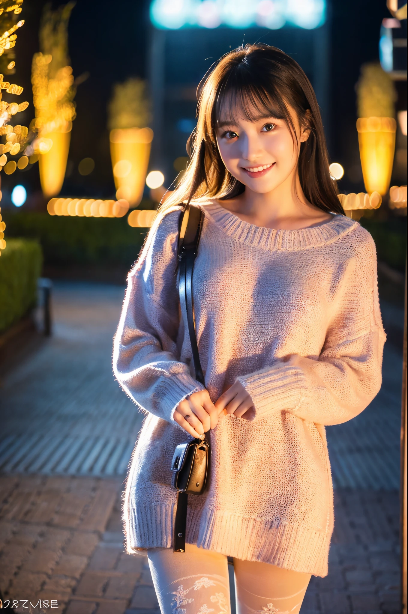 ulzzang -6500-v1.1, (Raw photo:1.2), (Photorealsitic), a beautiful detailed girl, (Real: 1.4), extremely detailed eye and face, beatiful detailed eyes, ((Stroll through the illumination plaza at night:1.4)), (( Soft sweater in pastel colors:1.3, Ultra-realistic pantyhose:1.2))、selfee、Instagram、game_nffsw, huge filesize, hight resolution, ighly detailed, top-quality, [​masterpiece:1.6], illustratio, ighly detailed, nffsw, finely detail, top-quality, 8k wallpaper, Cinematographic lighting, 1girl in, , perfect body type, Sareme, beautiful tbig eyes、Pieckfinger, ((masutepiece)), Best Quality, 1girl in, eye shadow,  Portrait, ((FULL BODYSHOT:1.4))、(Very affectionate smile:1.2)、realistic skin textures、shinny skin、Exposed thighs!!!