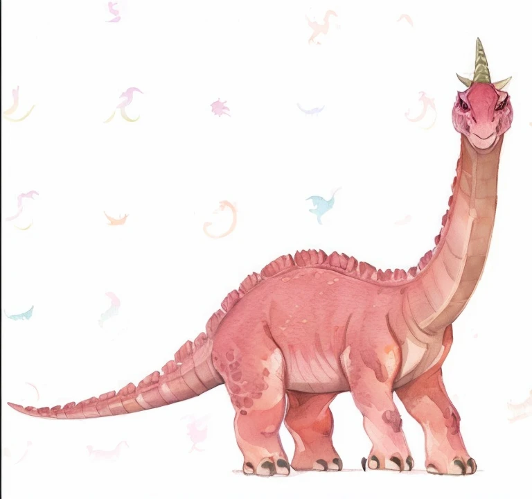 A watercolor painting of a pink dinosaur with horns and horns, dinosaurs, brachiosaurus, Alolong, carnivore dinosaur, Nacho dragon, Inspired by Abididen Dino, smallfoot, Long neck, triceratops, 1614572159, illustratio!, long necks, dinosaurs, The neck  not long