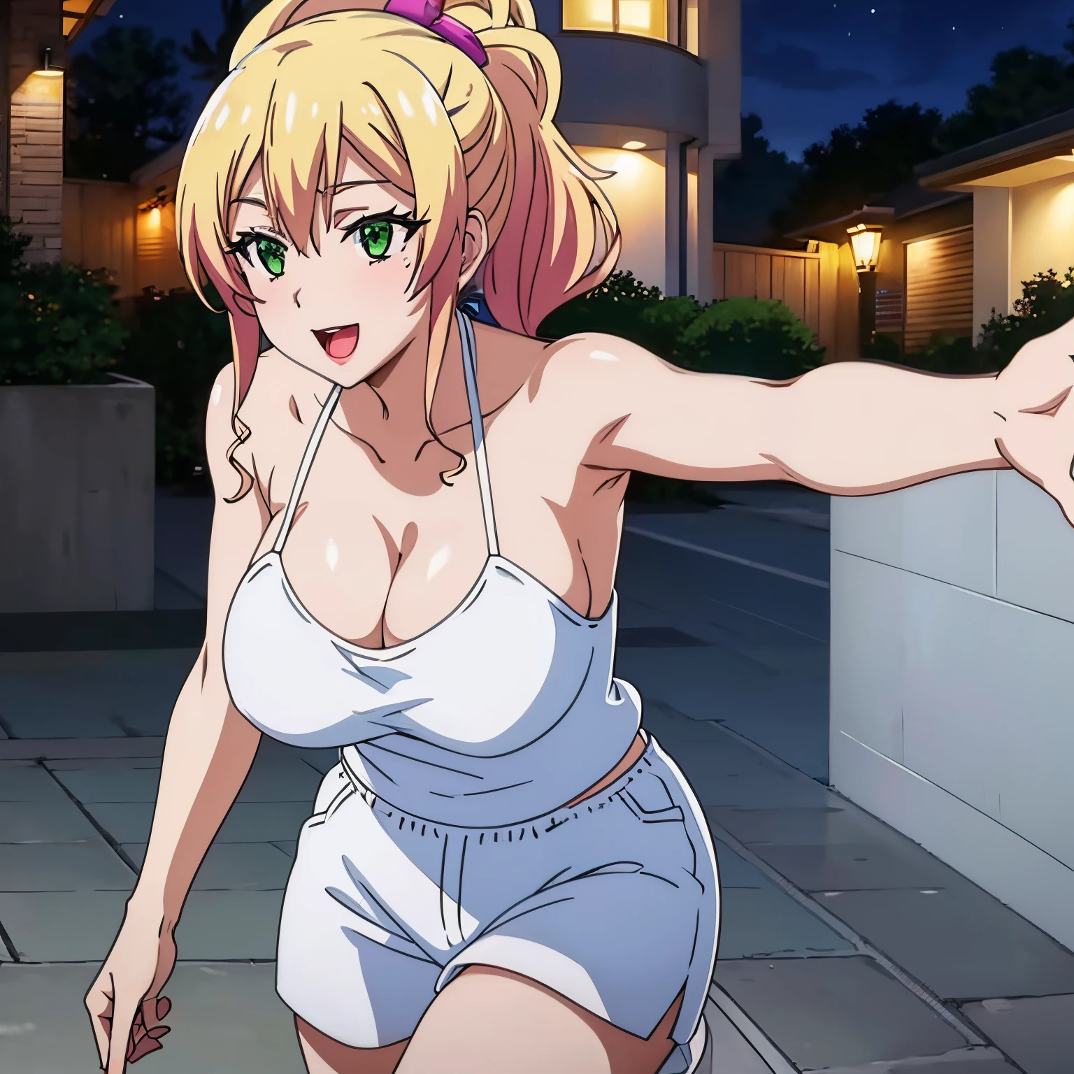 1women, solo, ((nude)), ((huge tits)), slim waist, outdoor, night city, ((busty)), blonde hair, green eyes, ponytail hair, smile, white tank top, short pants, open mouth, view at camera, cleavage