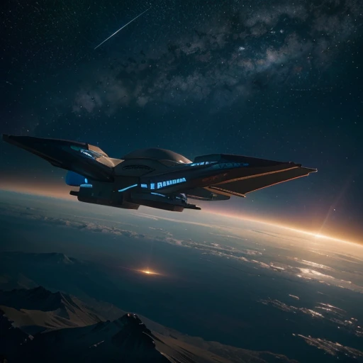 Futuristic, a space ship,Detailed body, BABYLON 5,Rectangular shapes, high detail, hovering above the surface of the planet at a high altitude, planet in the frame, Star, located behind the planet, rays of light from a star, side glance