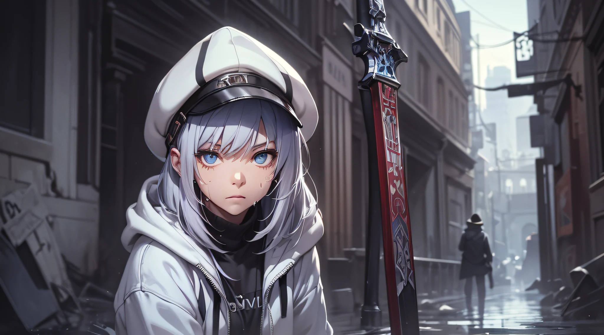 top-quality、Top image quality、masterpiece、s girl((White hoodie with open chest、Black skirt、18year old、 Ager、Best Bust、big bast,Beautiful light blue eyes, Long silver hair、A slender,Large valleys、Reflecting the whole body、Leaning forward、hold the hilt of the sword、White cap、worried face、tension、lean against the wall、Sweating、Pose quietly)),hiquality、Beautiful Art、Background with((Ruins、survival、Suspicious person))masterpiece、depth of fields,