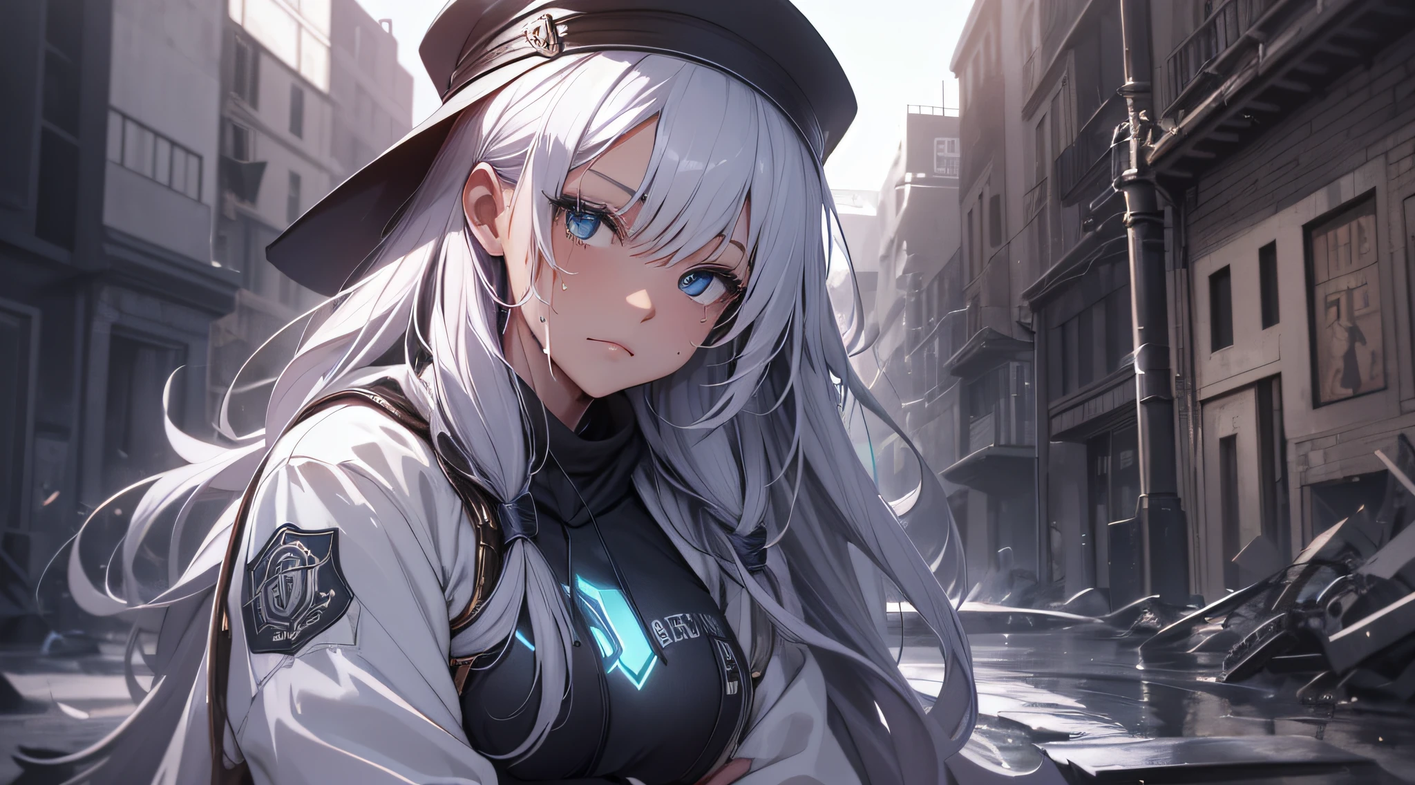 top-quality、Top image quality、masterpiece、teens girl((White hoodie with open chest、Black skirt、18year old、 Ager、Best Bust、big bast,Beautiful light blue eyes, Long silver hair、A slender,Large valleys、Reflecting the whole body、Leaning forward、hold the hilt of the sword、White cap、worried face、tension、lean against the wall、Sweating、Pose quietly)),hiquality、Beautiful Art、Background with((Ruins、survival、Suspicious person))masterpiece、depth of fields,