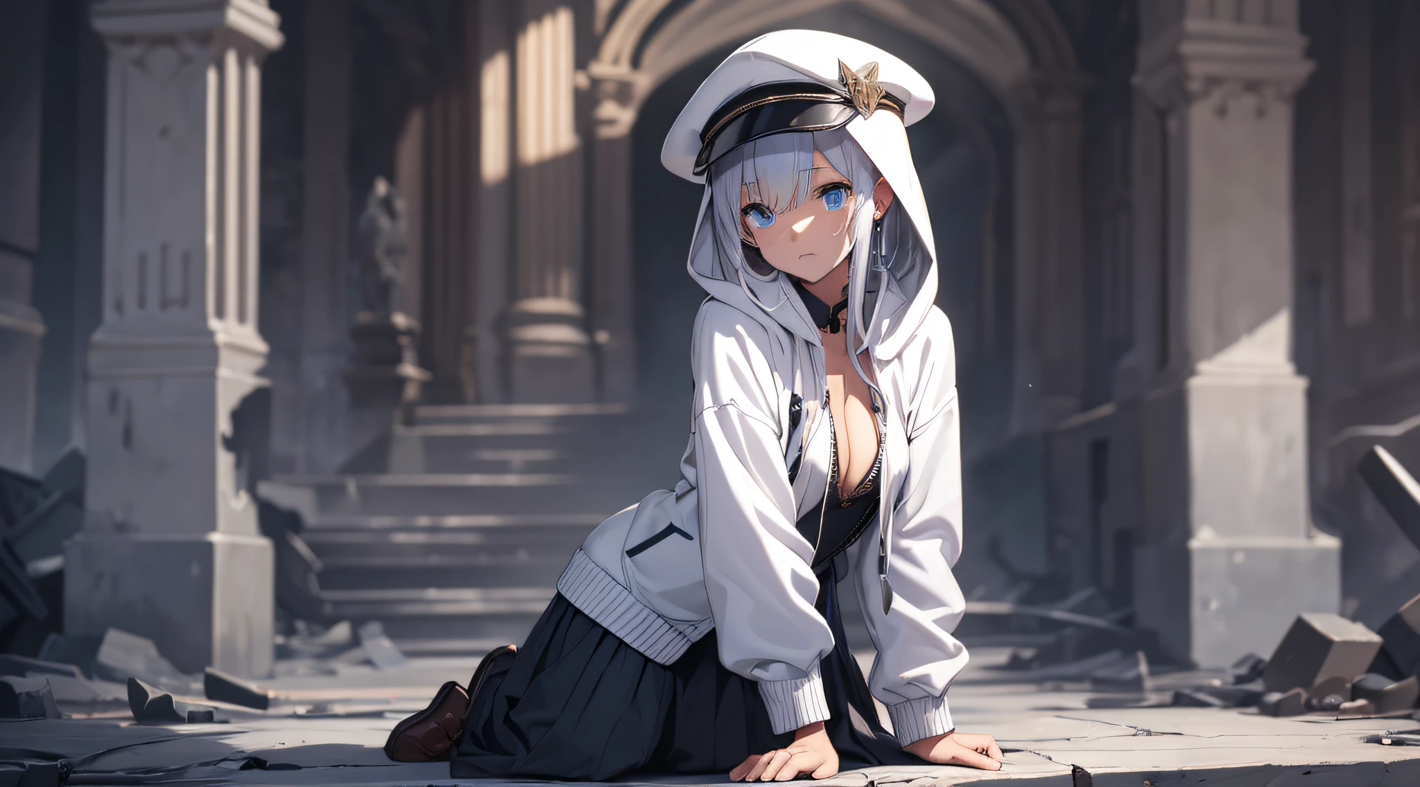 top-quality、Top image quality、​masterpiece、s girl((White hoodie with open chest、Black skirt、18year old、 Ager、Best Bust、big bast,Beautiful light blue eyes, Long silver hair、A slender,Large valleys、Reflecting the whole body、Leaning forward、hold the hilt of the sword、White cap、worried face、tension、lean against the wall、Sweating、Pose quietly)),hiquality、Beautiful Art、Background with((Ruins、survival、Suspicious person))​masterpiece、depth of fields,