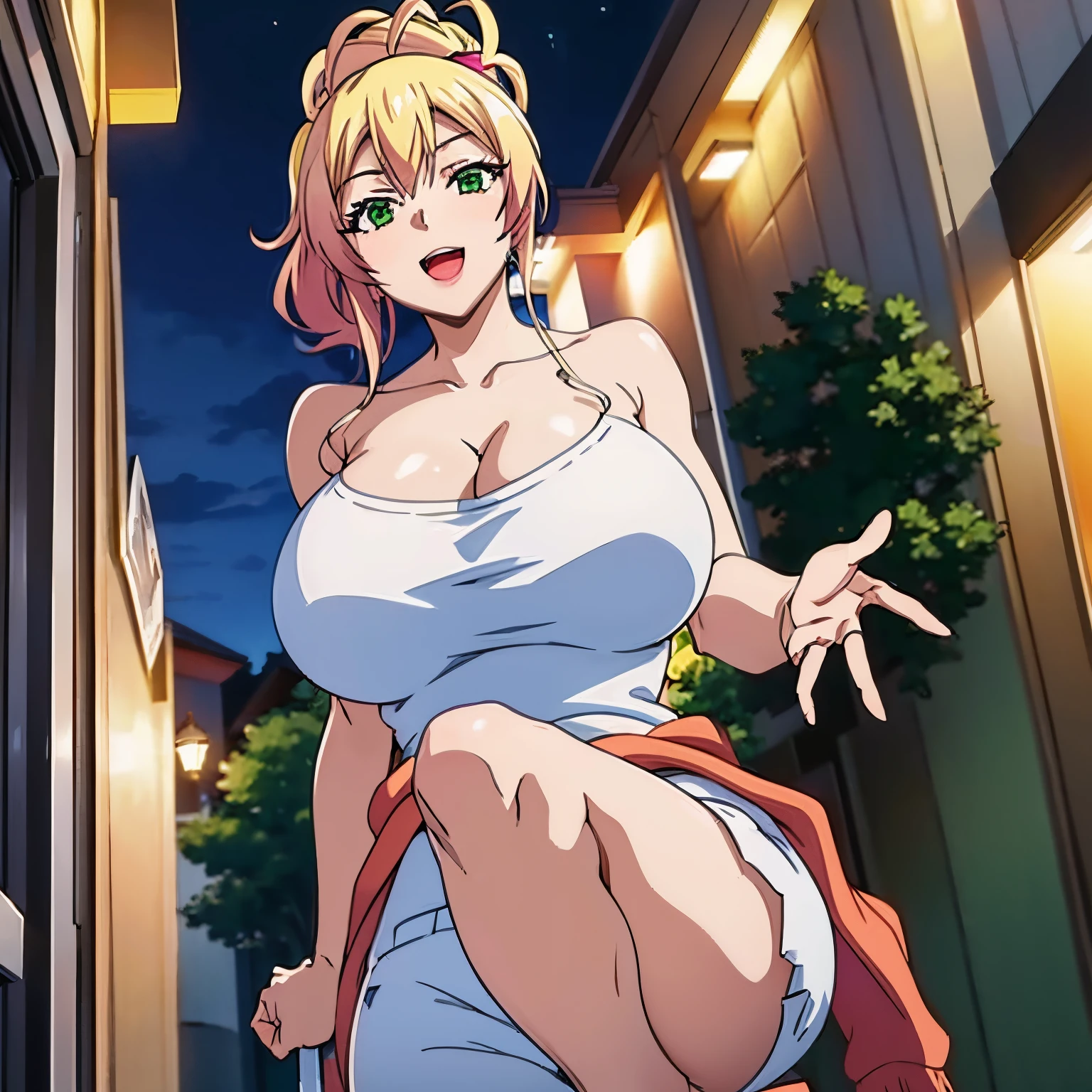 1women, solo, ((nude)), ((huge tits)), slim waist, outdoor, night city, ((busty)), blonde hair, green eyes, ponytail hair, smile, white tank top, short pants, open mouth, view at camera, cleavage