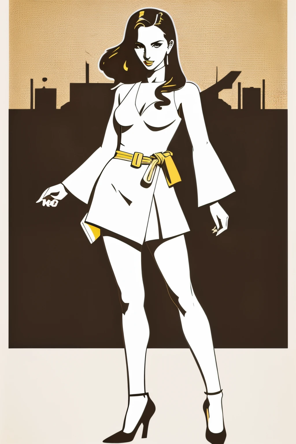 2D silhouette art of Talia al Ghul, fusion between pop art and art deco styles, light cream yellow, espresso brown, ripped paper effect, torned parper effect, (full body shot), long shot, vectorized, bold lines, bold outlines, best quality, strong ink lines