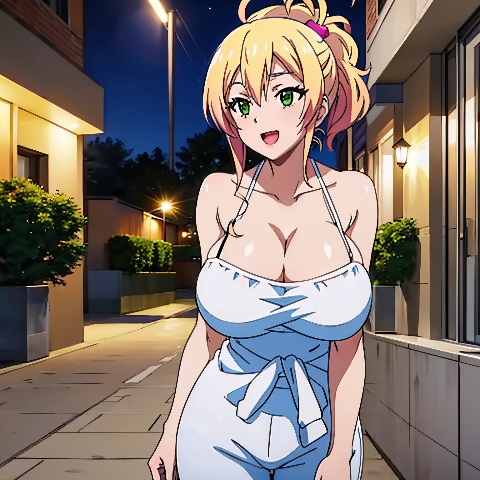 1women, solo, ((nude)), ((huge tits)), slim waist, outdoor, night city, ((busty)), blonde hair, green eyes, ponytail hair, smile, white tank top, short pants, open mouth, view at camera, cleavage