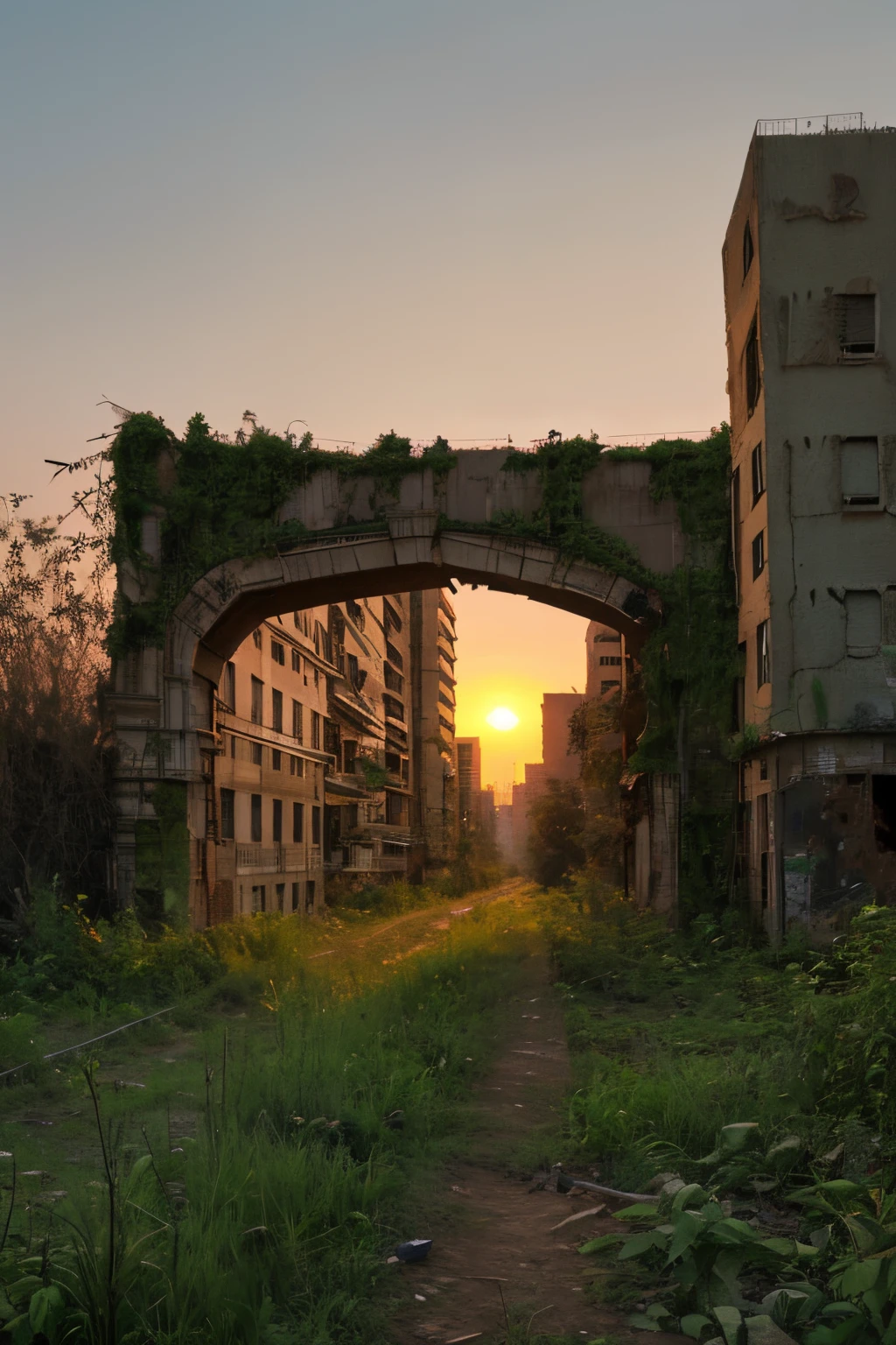 Uninhabited city,The ruined city deserted,The city overgrown with weeds and plants,the setting sun,zombi