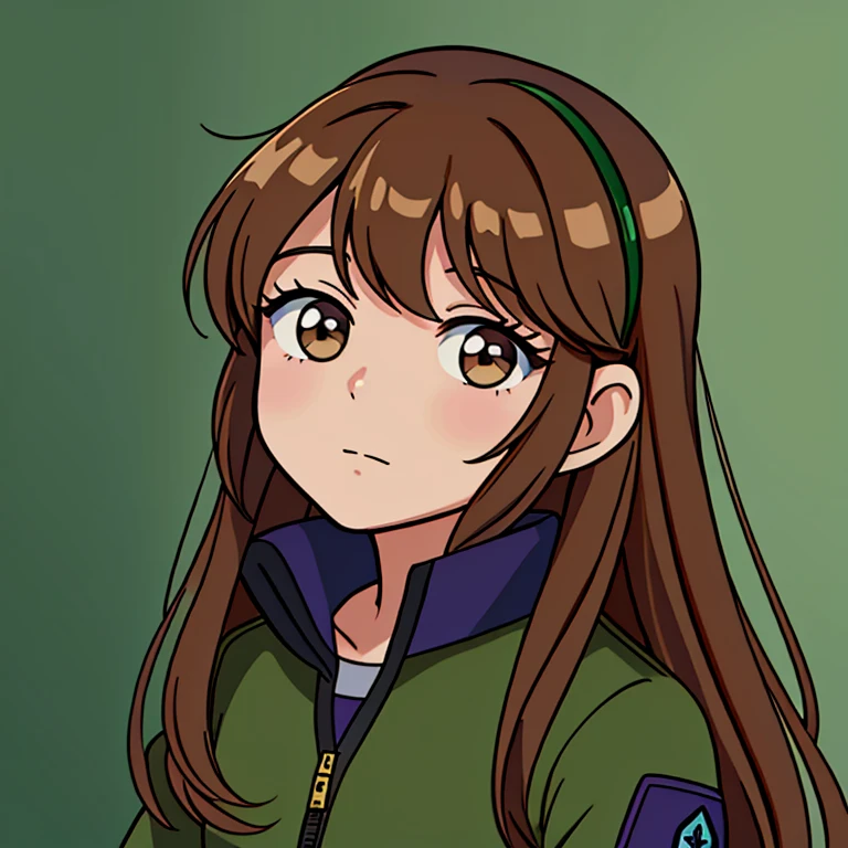 Una chica Monika (Doki Doki Literature club) long loose brown hair, Light brown eyes, saco militar verde oscuro abrazando a un chico Seiya (Saint Seiya) con chaqueta de mezclilla azul, paliacate rojo en el cuello, dark brown hair,