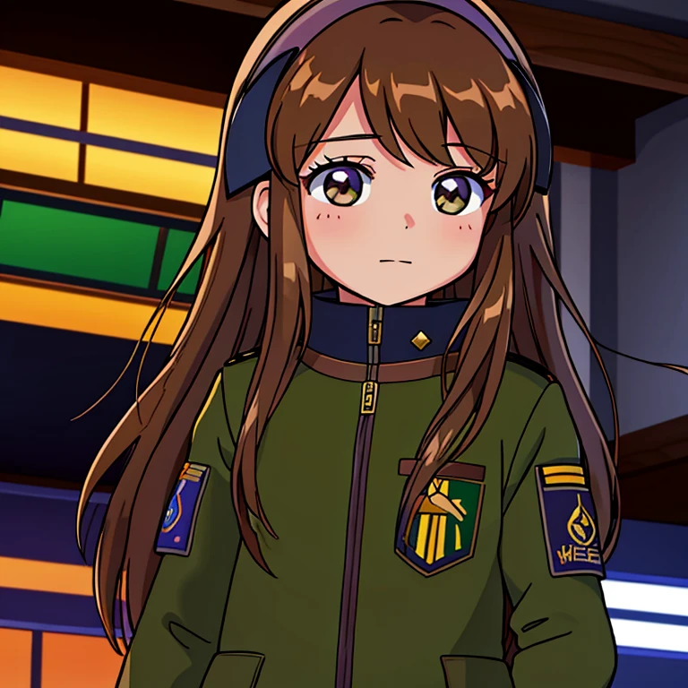 Una chica Monika (Doki Doki Literature club) long loose brown hair, Light brown eyes, saco militar verde oscuro abrazando a un chico Seiya (Saint Seiya) con chaqueta de mezclilla azul, paliacate rojo en el cuello, dark brown hair,