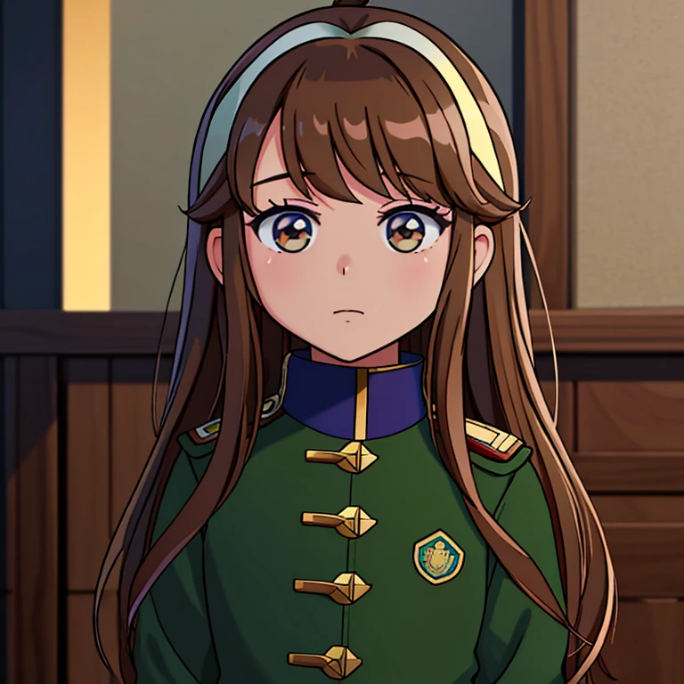 Una chica Monika (Doki Doki Literature club) long loose brown hair, Light brown eyes, saco militar verde oscuro abrazando a un chico Seiya (Saint Seiya) con chaqueta de mezclilla azul, paliacate rojo en el cuello, dark brown hair,