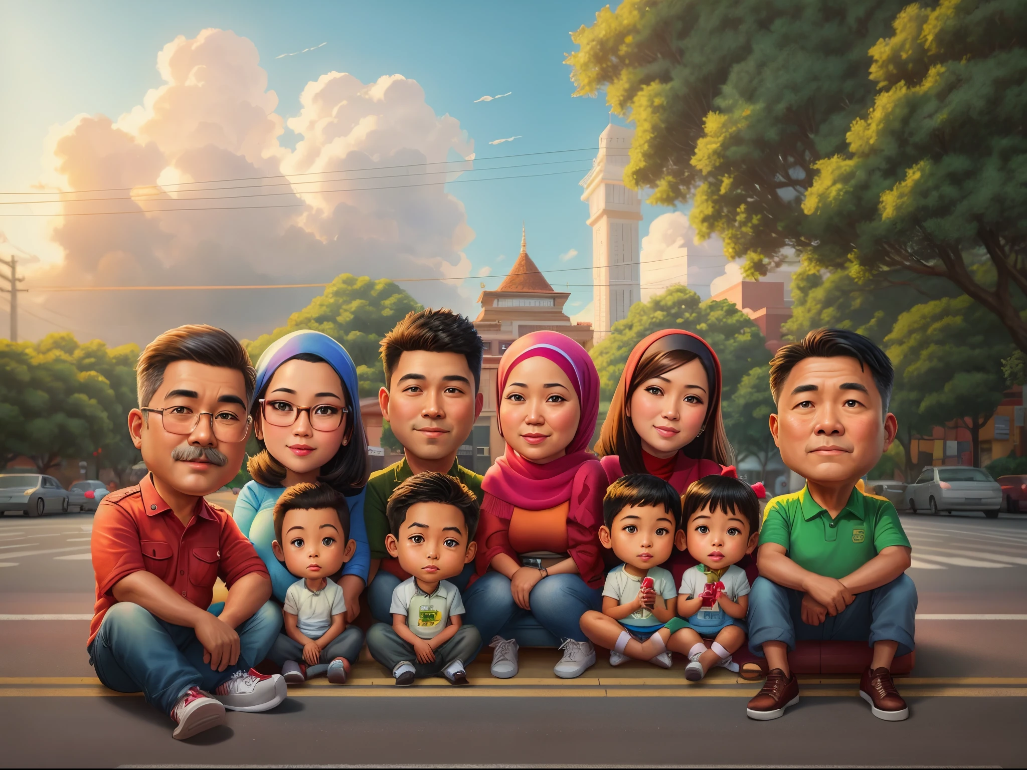 there are many people sitting on the curb of a street, caricature illustration, an indonesian family portrait, in cartoon style, cartoon art, realistic cartoon, digital art cartoon, cartoon digital painting, cartoon digital art, happy family, caricature style, cartoon style illustration, digital cartoon painting art, cartoon portrait, potrait, cartoon painting, cartoon artstyle, caricature, family portrait, hiperrealism:1.1, detail:1.2,bokeh