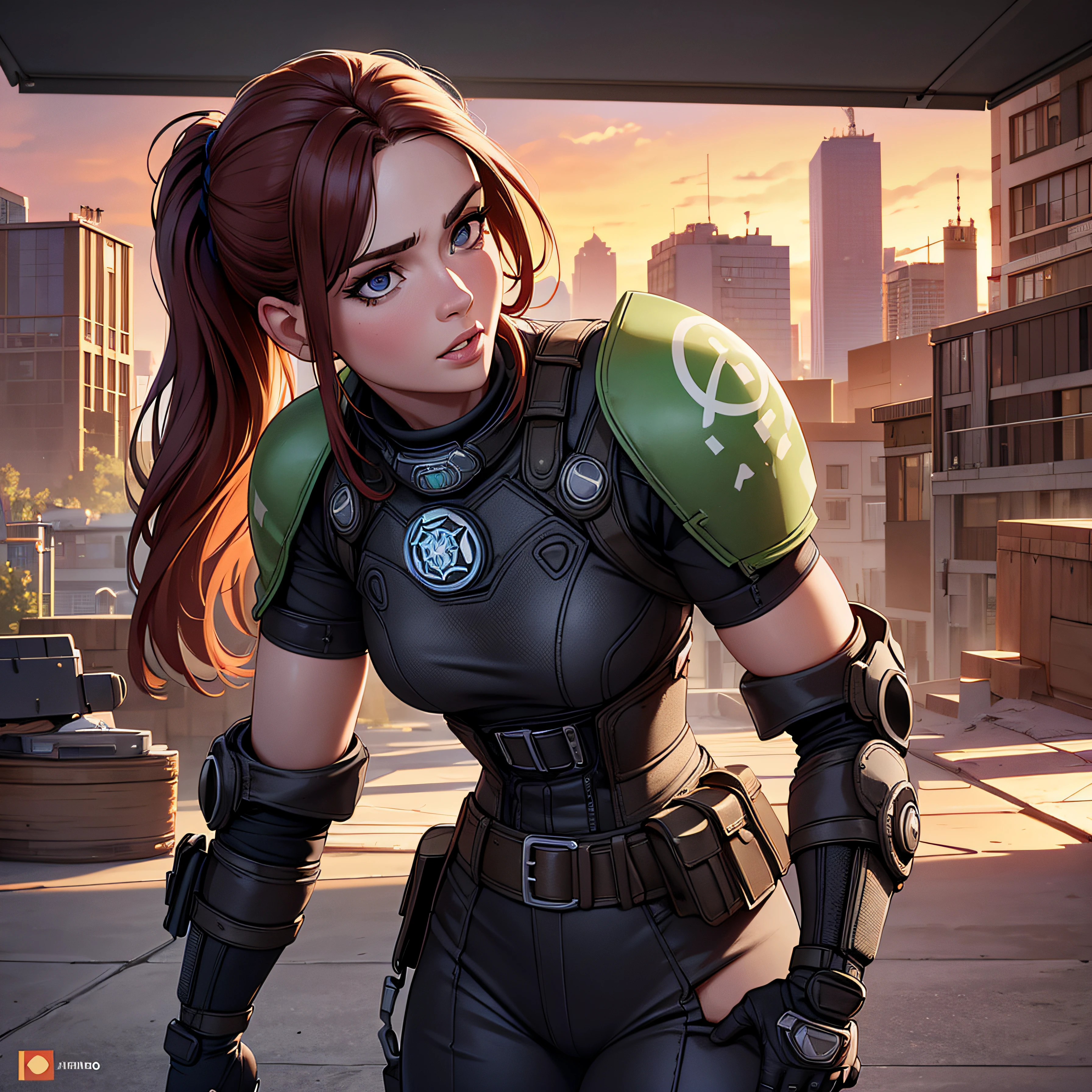 la exuberante guerrera alicia varela de gears of war, ojos verdes, labios carnosos, bellisima, con su uniforme de combate sexy con minifalda, se encuentra en lucha en una ciudad con inmensos edificios semiderruidos, todo lleno de imaginacion,ciencia ficcion y (intrincados detalles de la maquina).imagen fotorrealista,nitidez maxima, calidad 8k.(obra maestra de calidad superior).