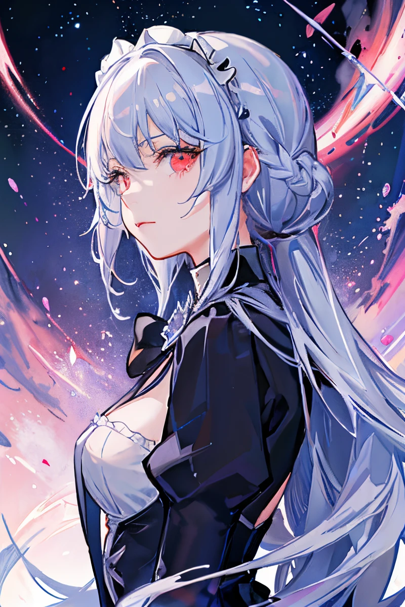 best quality masterpiece, high resolucion, Delicate and beautiful, dark vibes, 1 Girl, white hairs, long hair, Irregular hairstyles, expressionless, Red Eyes, Hair in the eyes, bangss, Maidbok, Lateral face, natta, Eyes with a drowsy expression, Tear points, The sparkle of light, large full breasts, devil, Black background, Glowing backgrounds, sao, upper half body, black magic