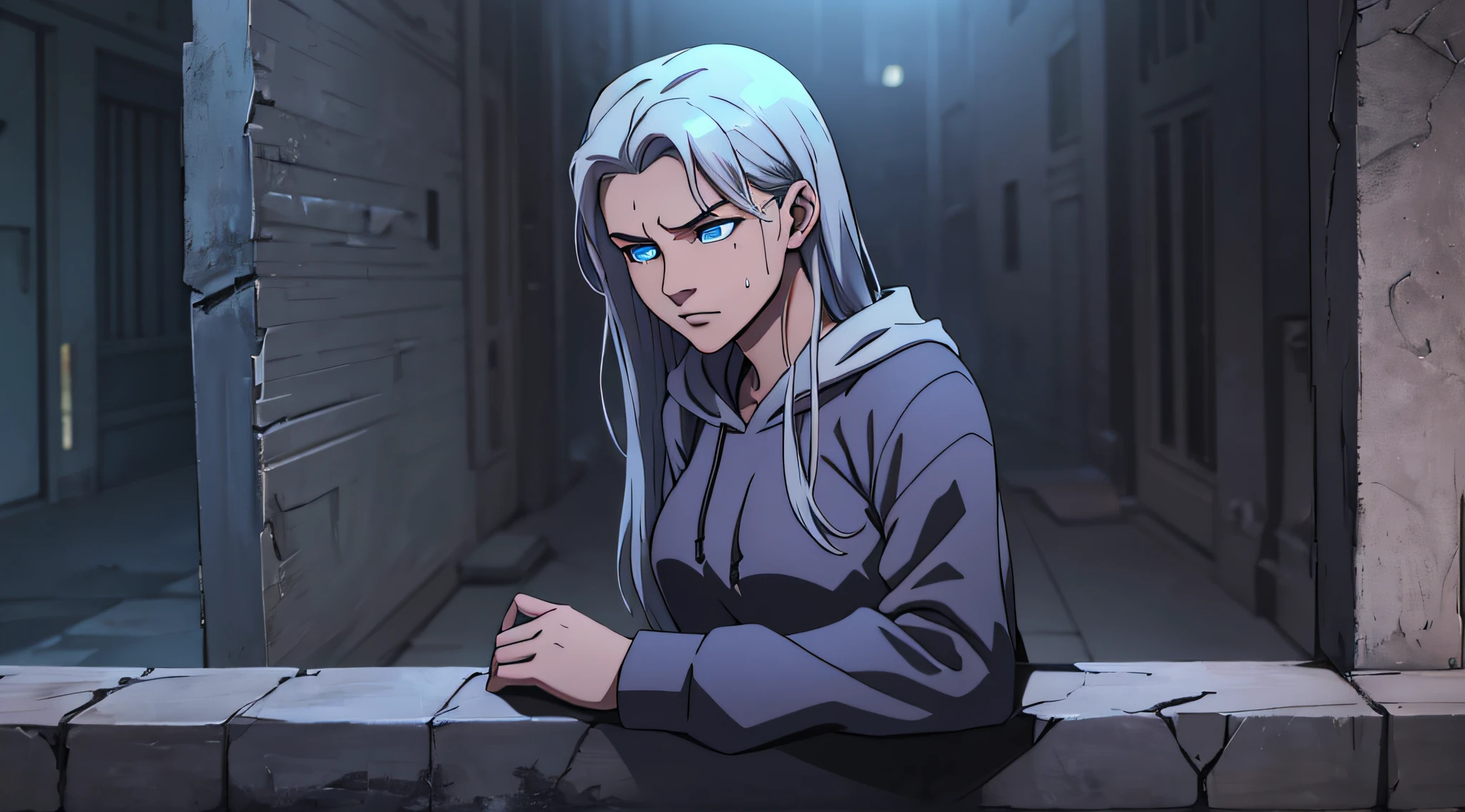 top-quality、Top image quality、masterpiece、teens girl((a baby face、White hoodie with open chest、Black skirt、18year old、 teen ager、Best Bust、big bast,Beautiful light blue eyes, Long silver hair、A slender,Large valleys、Reflecting the whole body、Leaning forward、Holding a handgun、jumping pose、worried face、tension、lean against the wall、Sweating、take a cautious stance)),hiquality、Beautiful Art、Background with((Ruins、survival、Suspicious person))masterpiece、depth of fields,