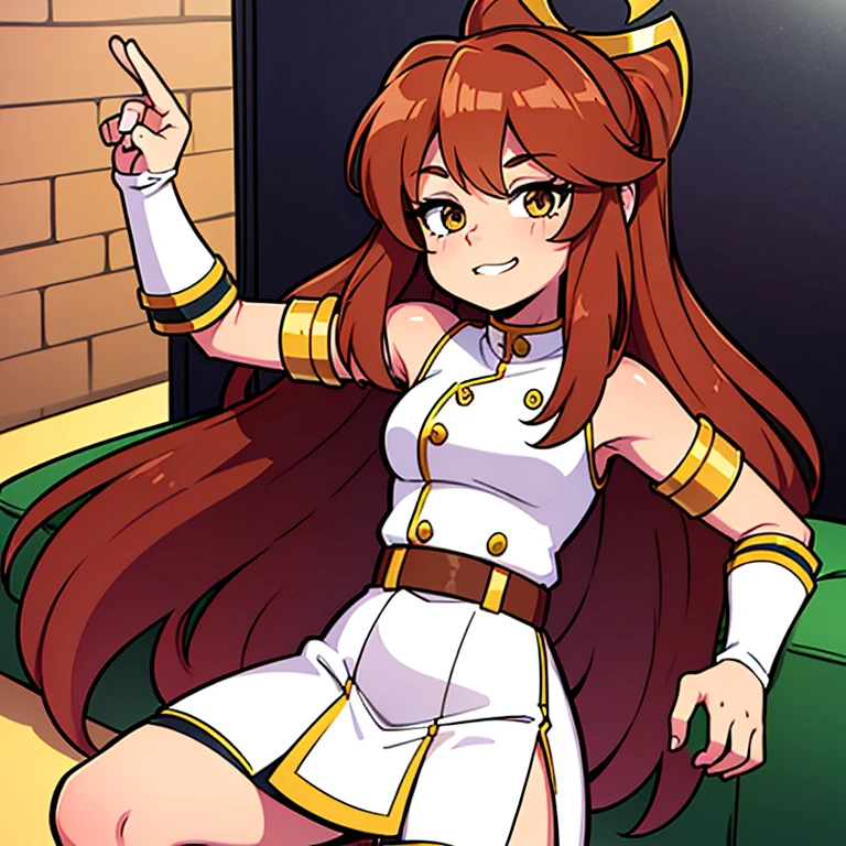 Una chica Monika (Doki Doki Literature club) long loose brown hair, Light brown eyes, saco militar verde oscuro abrazando a un chico Seiya (Saint Seiya) con chaqueta de mezclilla azul, paliacate rojo en el cuello, dark brown hair,