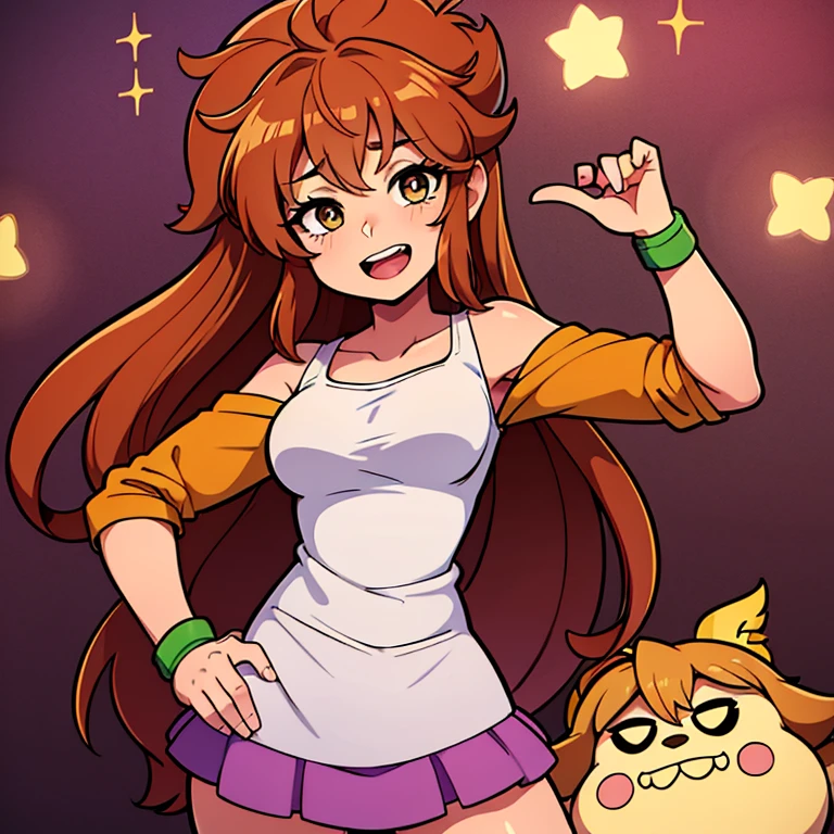 Una chica Monika (Doki Doki Literature club) long loose brown hair, Light brown eyes, saco militar verde oscuro abrazando a un chico Seiya (Saint Seiya) con chaqueta de mezclilla azul, paliacate rojo en el cuello, dark brown hair,