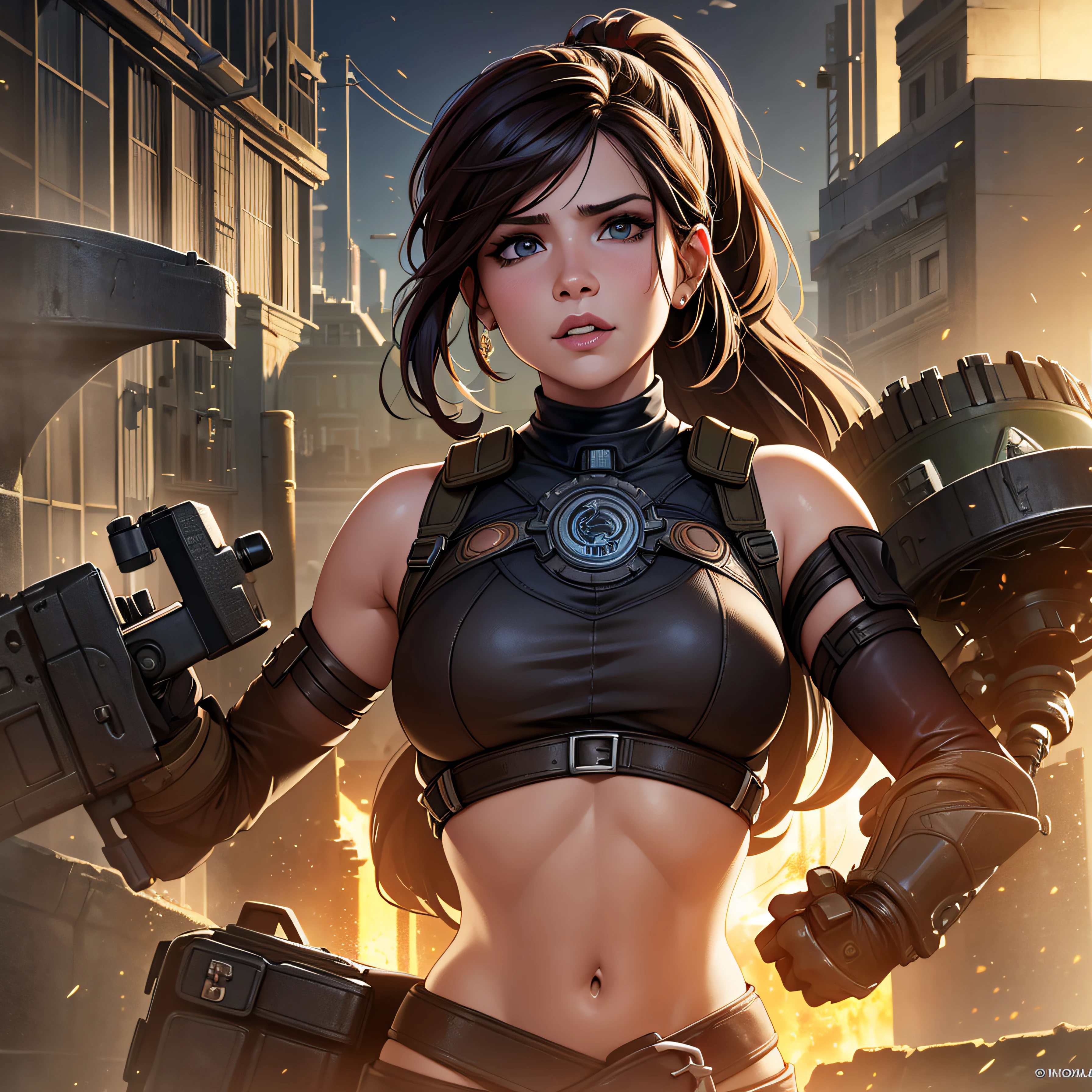 la exuberante guerrera alicia varela de gears of war, ojos verdes, labios carnosos, bellisima, con su uniforme de combate sexy con minifalda, se encuentra en lucha en una ciudad con inmensos edificios semiderruidos, todo lleno de imaginacion,ciencia ficcion y (intrincados detalles de la maquina).imagen fotorrealista,nitidez maxima, calidad 8k.(obra maestra de calidad superior).