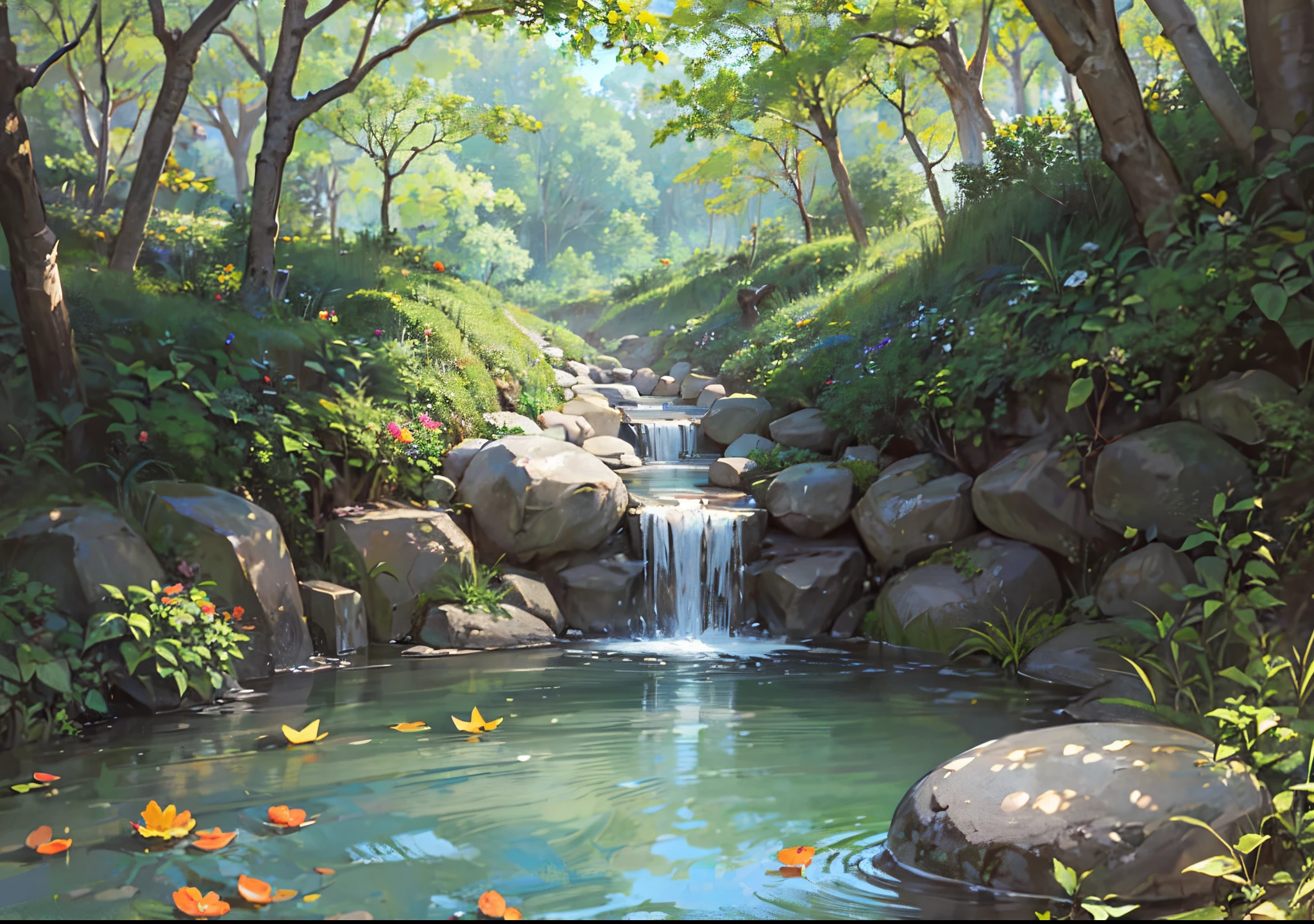 A garden lake that exist in beautiful forest.This water so clear and blue water.There are beautiful flower and plants beside the lake.a small stream fall into lake. stream stones,butterflies,beautiful birds. --auto --s2