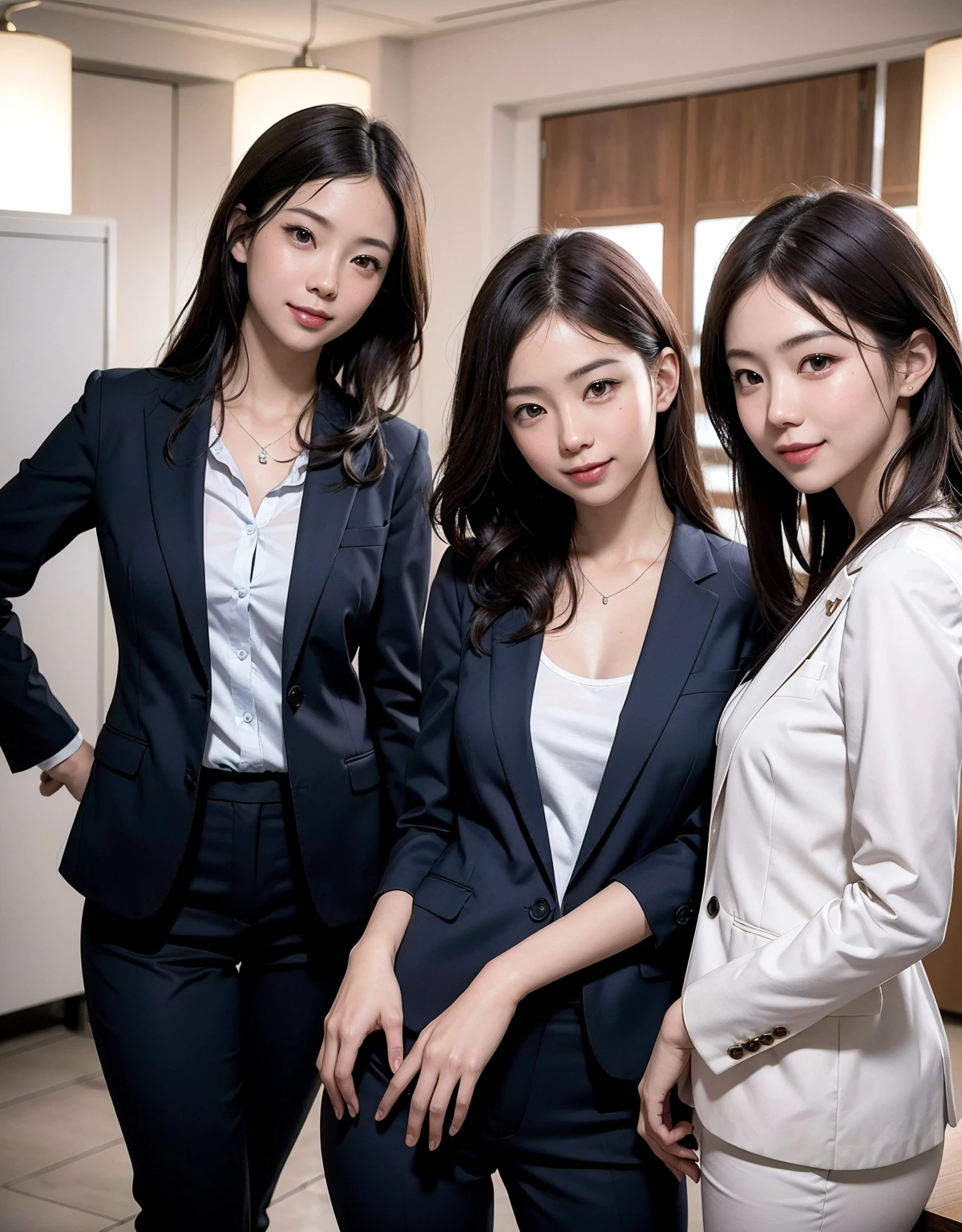 (Masterpiece), (8K, Photorealistic, RAW Photography, Best Quality: 1.4), Japan, Beautiful Face, (Realistic Face), (Medium Hair:1.3), Realistic Eyes, Beautiful Eyes, Attractive, Ultra High Definition, Ultra Realistic, High Definition, Beautiful Japan woman, grey suit, open jacket, office lady, suit, ((pants)), office, desk, (sticking out buttocks: 1.2), detailed face, long hair, group picture, multiple girls, 4girls, looking at viewer, ((smile))