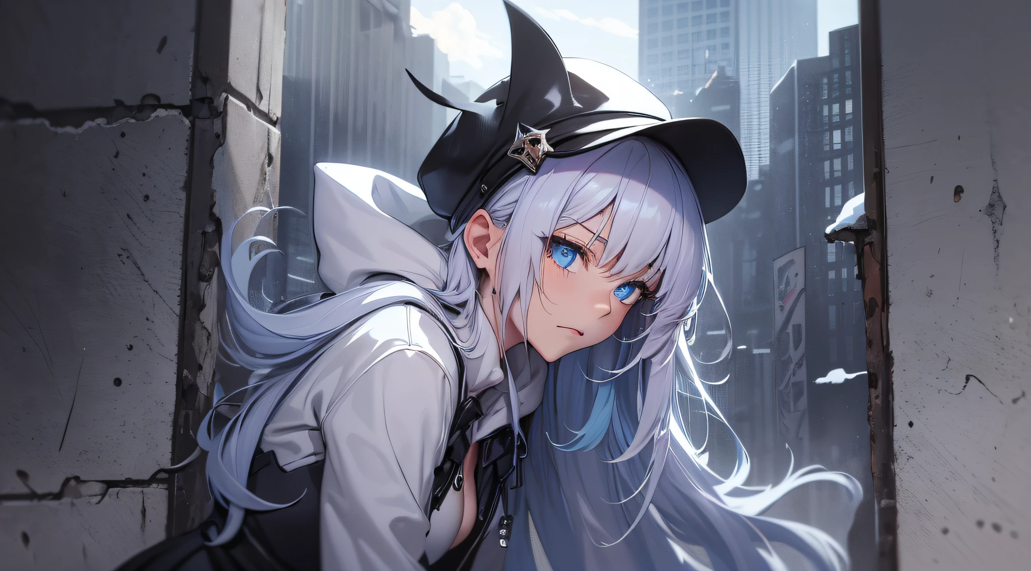 top-quality、Top image quality、masterpiece、s girl((Black underwear、White hoodie with open chest、Black skirt、18year old、 Ager、Best Bust、big bast,Beautiful light blue eyes, Long silver hair、A slender,Large valleys、Reflecting the whole body、Leaning forward、Hold Sword、White cap、worried face、tension、lean against the wall、Sweating、take a cautious stance)),hiquality、Beautiful Art、Background with((snow blowing、Ruins、survival、Suspicious person))masterpiece、depth of fields,