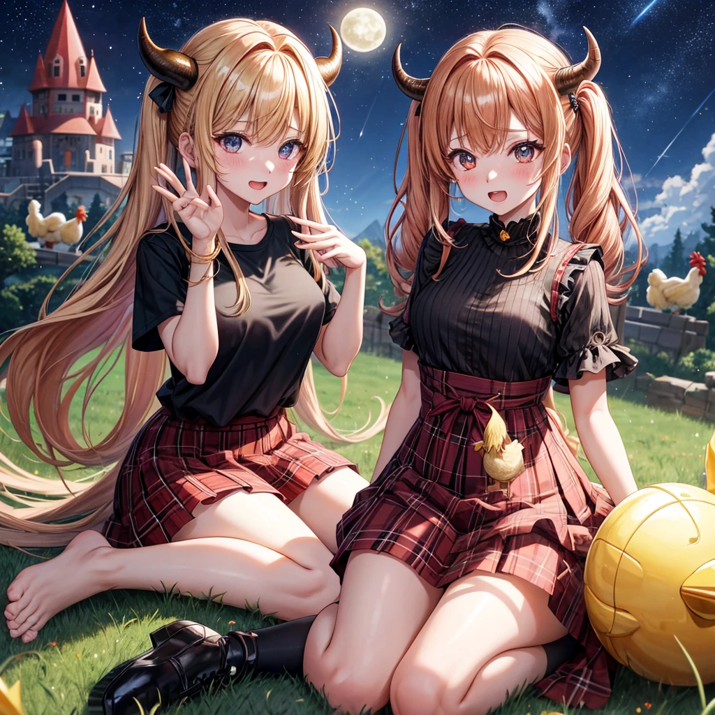 Red-blonde、poneyTail、verd s eyes、one good looking girl、独奏、animesque、lightly dressed、Plaid miniskirt、a black T-shirt、grass field、sitting on、fullmoon、Meteor swarm、Glittering starry sky、are flying、golden castle、A chicken is on top of the bull and the bull is going wild.