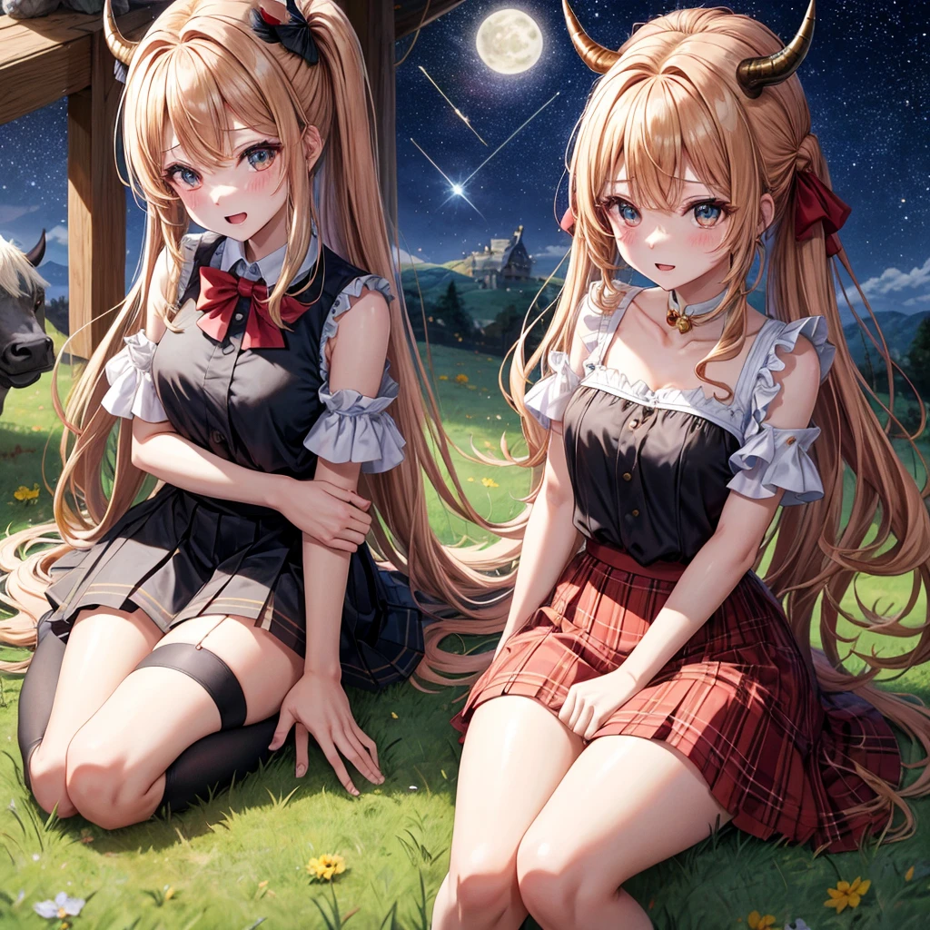 Red-blonde、poneyTail、verd s eyes、one good looking girl、独奏、animesque、lightly dressed、Plaid miniskirt、a black T-shirt、grass field、sitting on、fullmoon、Meteor swarm、Glittering starry sky、are flying、golden castle、A chicken is on top of the bull and the bull is going wild.