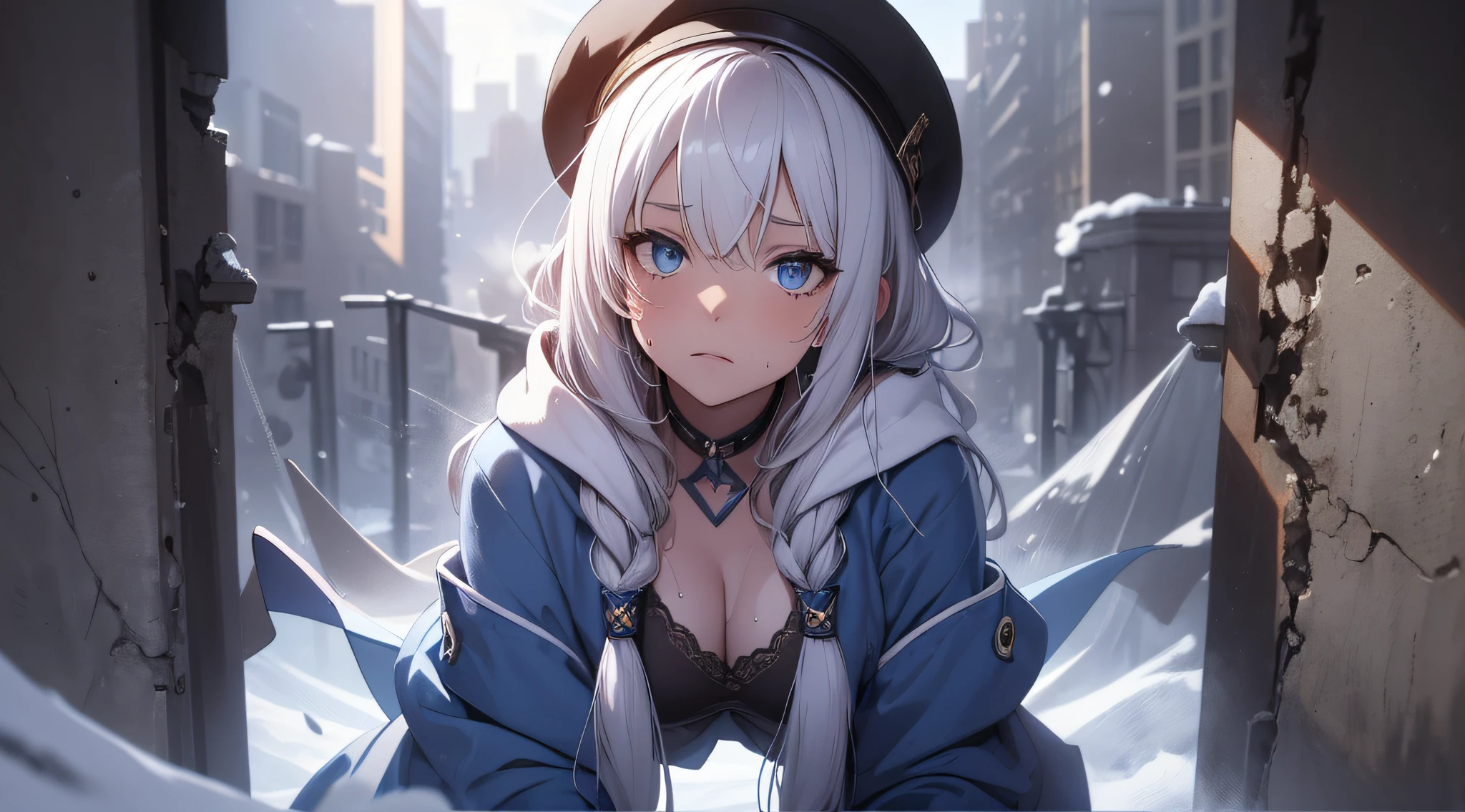 top-quality、Top image quality、masterpiece、teens girl((Black underwear、White hoodie with open chest、Black skirt、18year old、 Ager、Best Bust、big bast,Beautiful light blue eyes, Long silver hair、A slender,Large valleys、Reflecting the whole body、Leaning forward、Hold Sword、White cap、worried face、tension、lean against the wall、Sweating、take a cautious stance)),hiquality、Beautiful Art、Background with((snow blowing、Ruins、survival、Suspicious person))masterpiece、depth of fields,