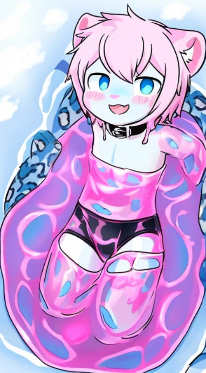 A small male snow leopard wearing black boxers，Dive into pink slime，into the slime，（（Thighs covered with pink mucus）），pink smile，Slime falls on the little snow leopard&#39;body，Blue pupil，collars