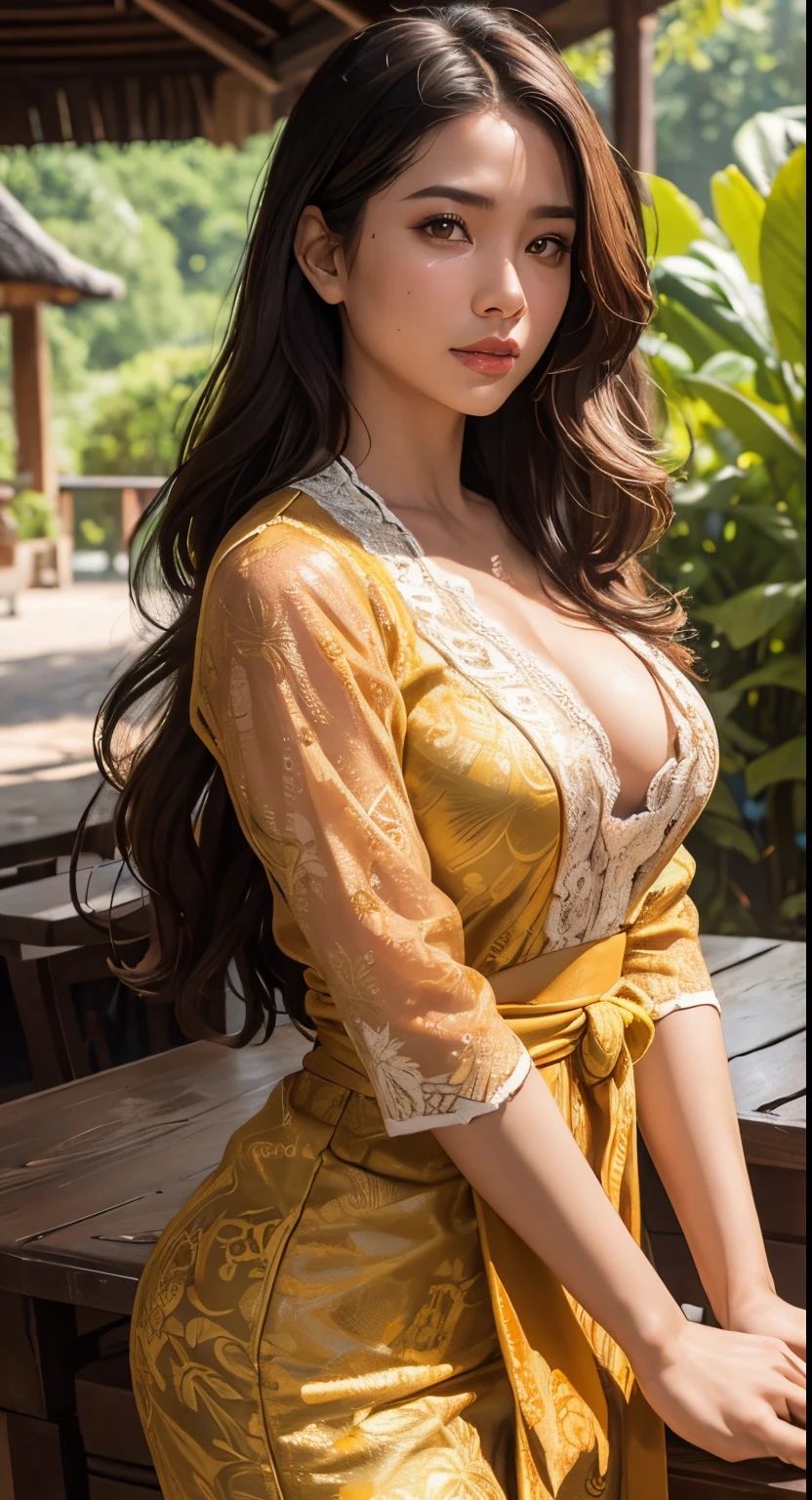 1 Indonesian-Dutch girl, 25 years old, long fashion hair, fit body, cleavage, skintight lace kebaya, batik sarong, masterpiece, highly detailed, ultra hd, 8k, detailed face, brown eyes, perfect eyes, detailed skin texture, detailed lips, sexy lips, perfect hands, dynamic angle, cowboy shot