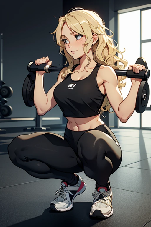 (1womanl:1.3).(20yr old).(Long blonde hair).(Green eyes).(The room where the dumbbells are located).(perspiring).(Muscle training).(abdominals).(Poses).(standingn).