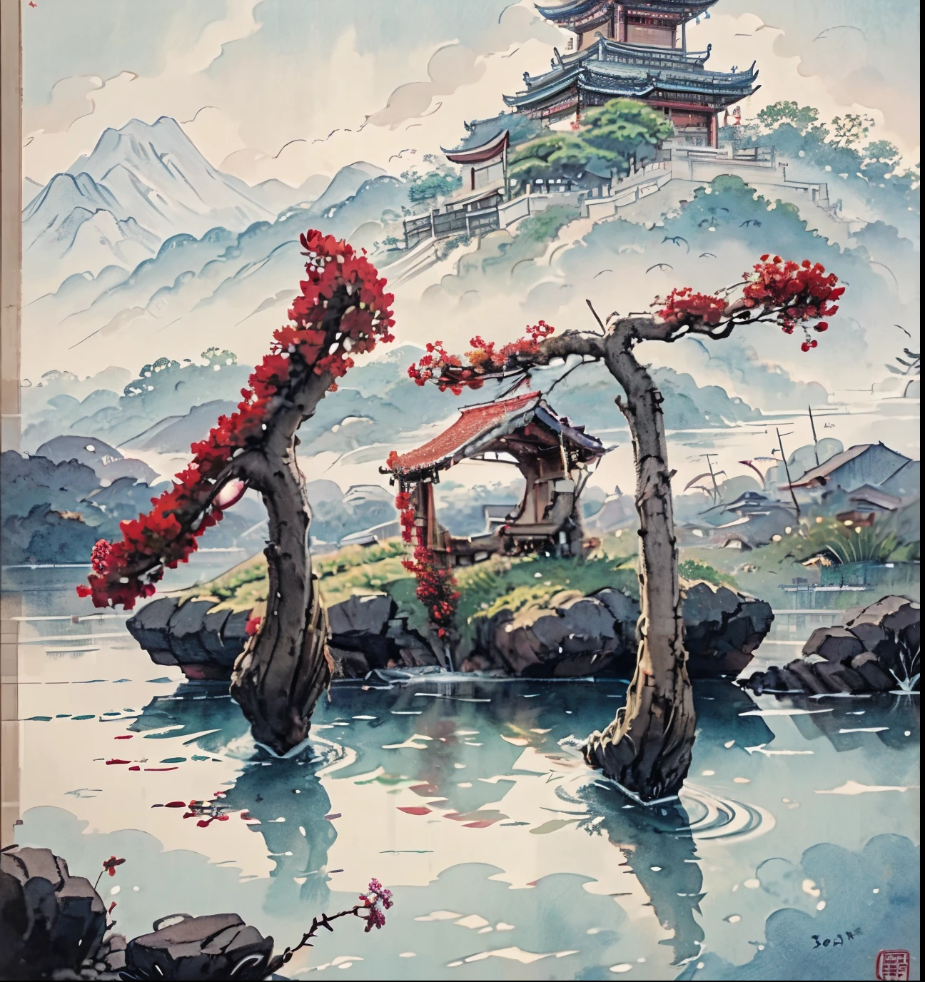 Mountain painting with a pagoda on a small island, chinese watercolor style, chinese painting style, digital painting of a pagoda, Chinese landscape, traditional Chinese watercolor painting, Chinese-style painting, Japan Art Style, Highly detailed watercolor 8k, highly detailed water colour 8 k, detailed painting 4 k, author：Hero, Japanese painting, author：Qu Leile