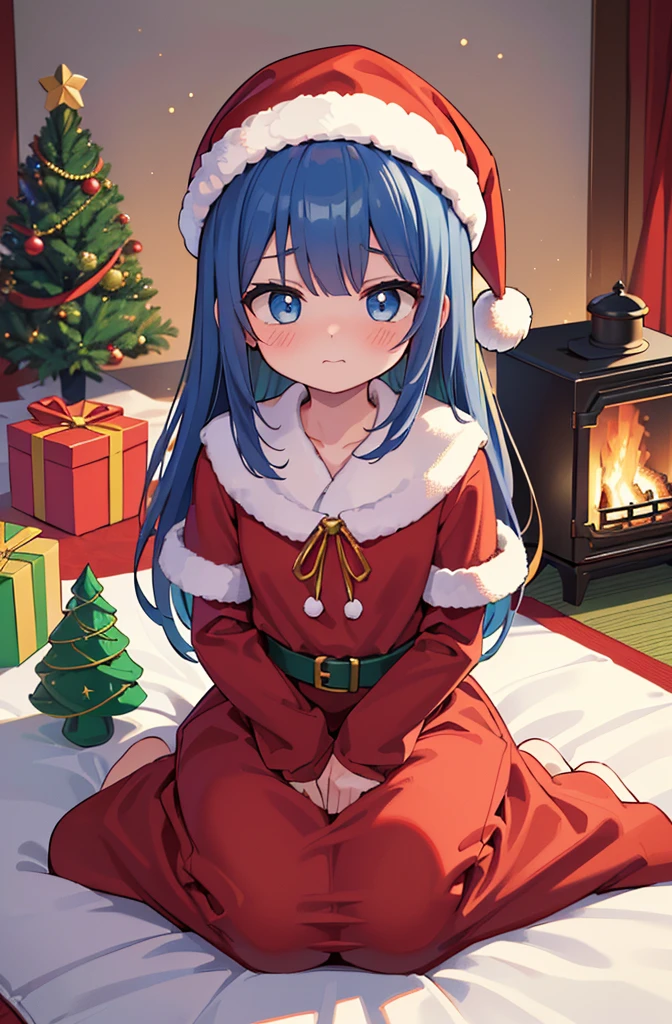 qualidade superior、Qualidade de imagem superior、obra prima、menina adolescente((Natal、santa hat、18 anos、 Idade、Melhor Busto、grande bast,Lindo apoio de olhos azul claro bem aberto, uma loira、Um esguio,Grandes vales、tingir as bochechas de vermelho、Refletindo todo o corpo、rir、sacolinha branca para presente de natal、Capa vermelha、shy face、embarrassed face、expansion,inclinando-se para a frente)),Hiqualidade、arte bonita、Antecedentes com((meu elegante quarto noturno、Vento de Natal、stove、red carpet on the floor、lareira、Christmas tree、cama vermelha、Kotatsu、presente de Natal)))、masutepiece、profundidade de campos,