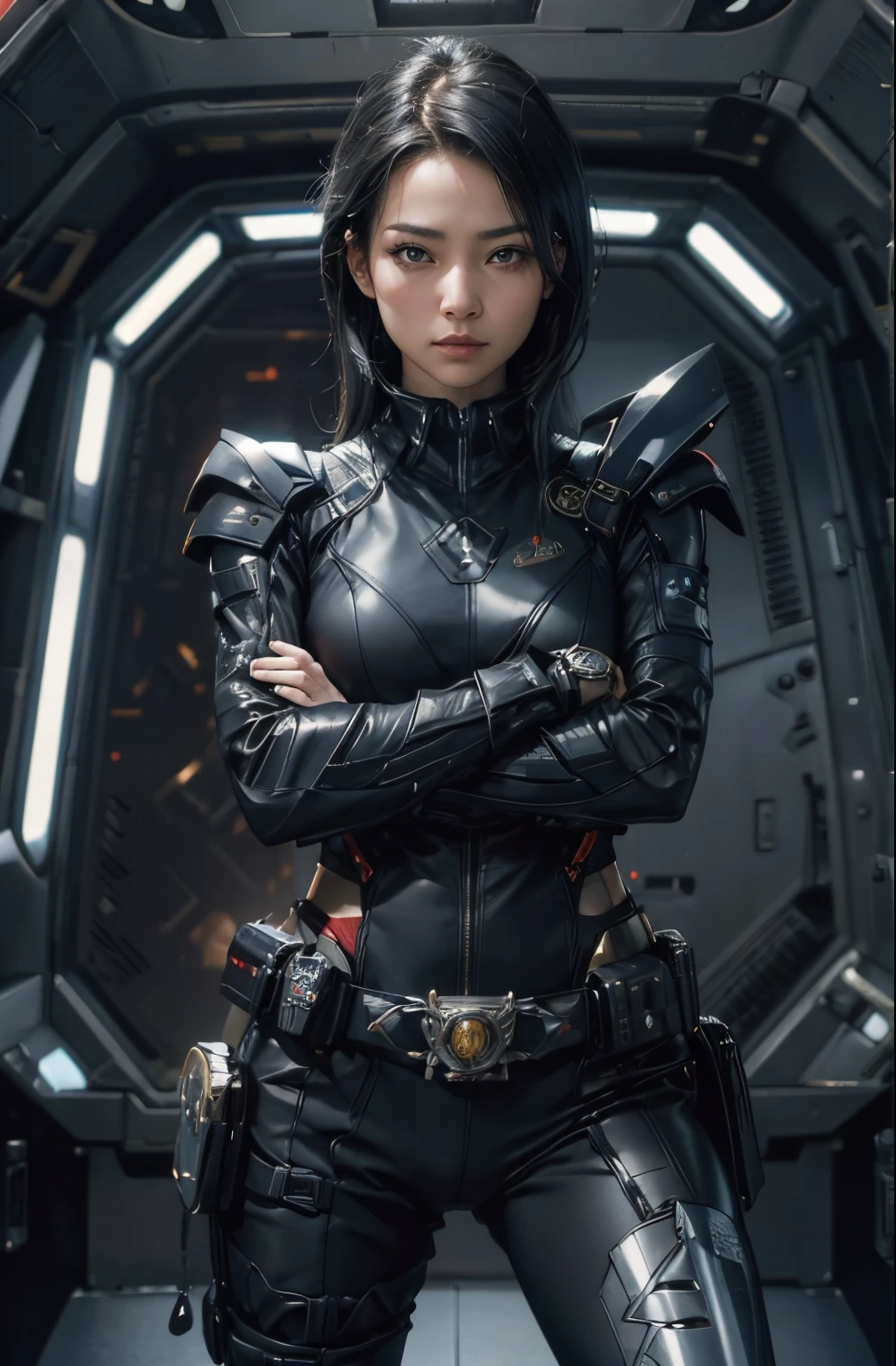 A beautiful woman looks at the camera with a defiant expression. she has her arms crossed. She is wearing black combat uniform. There is something like Kamen Rider's transformation belt on his waist. She is inside a spaceship, with a command seat behind her. 8K image quality.