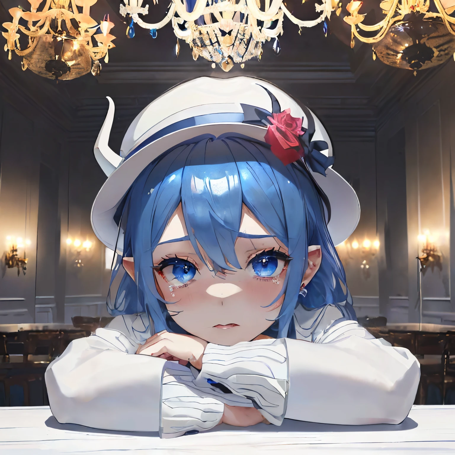 ((shiny blue hair)),((blue eyelashes and voluminous hair),(Curled Hair),((White suit)),((mafia style suit)),(wearing a jacket over'Shoulder),((holding a liquor bottle and glass in hand)),Slight red tide,((A frustrated look on his face)),((Teary-eyed)),((White tight skirt)),(Long black boots),((white hat with a black band and white horns or ears)),((white hat with ears)),(A hellish calamity like the demon world々A WORLD),((shining chandelier)),((He fell face down on the table and stepped on the ground......)),