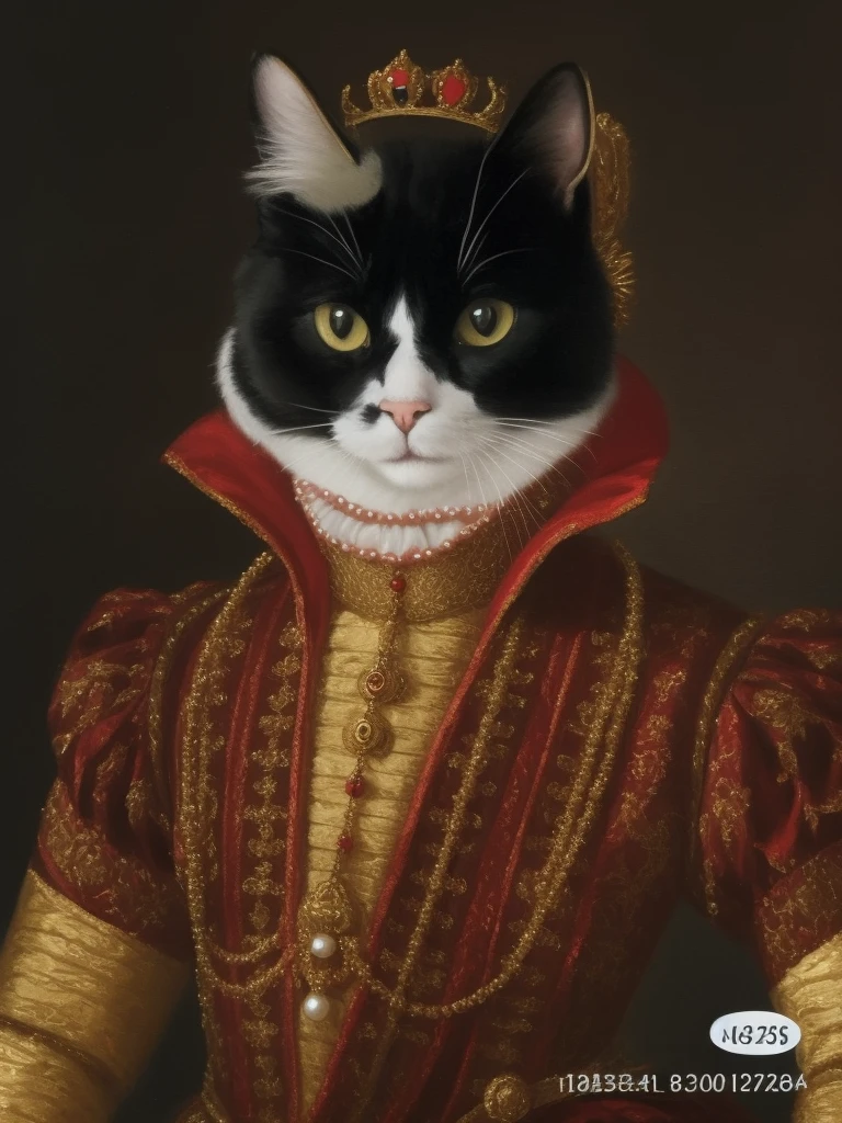 A cat wearing a crown,A red dreseline cat with a gold collar and a black and white cat, Majesty in noble attire, anthropomorphic female cat, Princess Wavina oil painting, Masterpiece of human portrait, noble noble, portrait of a cat as a pirate, in cat drawings, royal portrait, elegant cat, cat wearing pearl earring