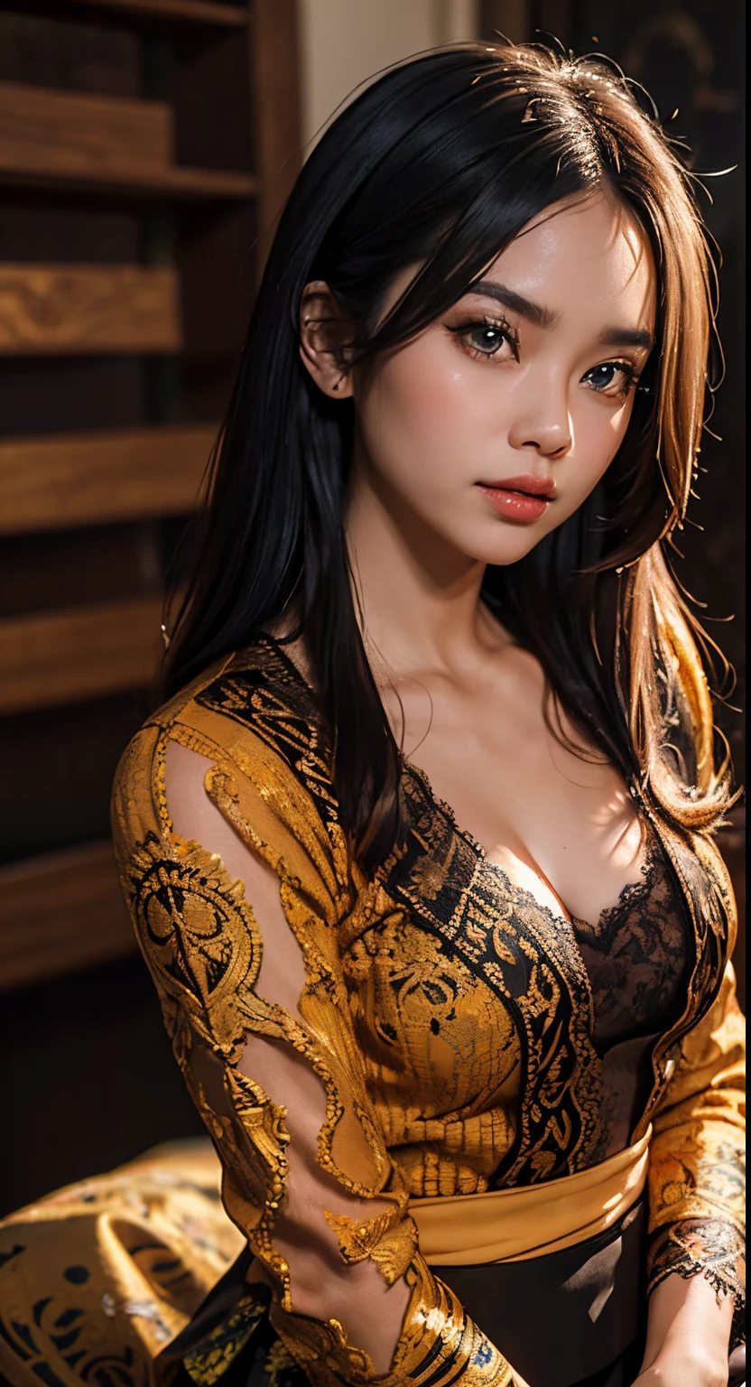 1 Indonesian-Dutch girl, 25 years old, long fashion hair, fit body, small cleavage, skintight black lace kebaya, batik skirt, masterpiece, highly detailed, ultra hd, 8k, detailed face, bright eyes, perfect eyes, detailed skin texture, detailed lips, sexy lips, perfect hands, dynamic angle, cowboy shot