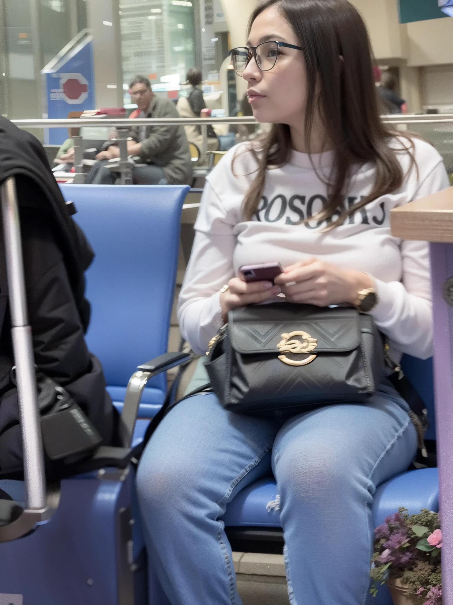 woman sitting on a blue chair
