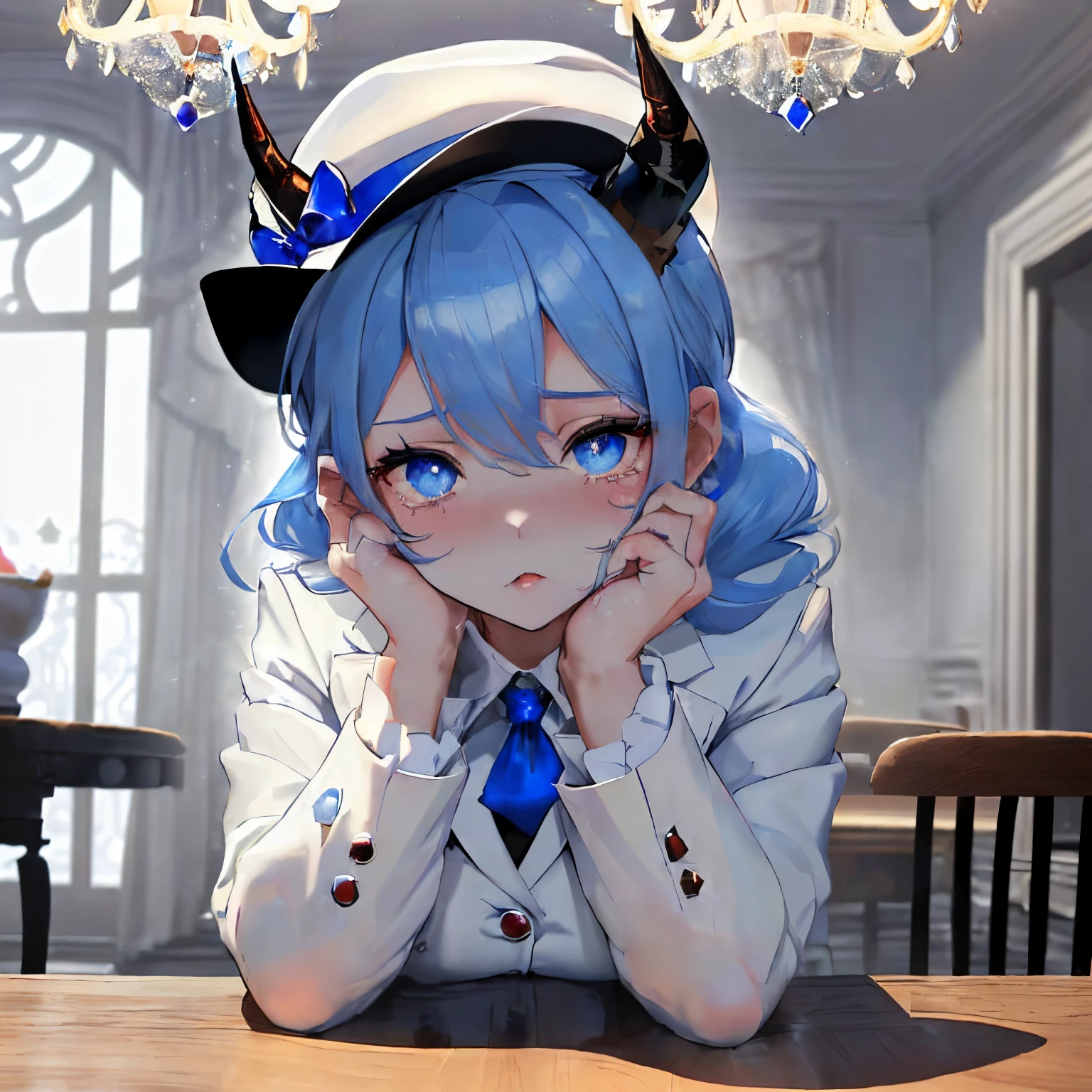 ((shiny blue hair)),((blue eyelashes and voluminous hair),(Curled Hair),((White suit)),((mafia style suit)),(wearing a jacket over'Shoulder),((holding a liquor bottle and glass in hand)),Slight red tide,((A frustrated look on his face)),((Teary-eyed)),((White tight skirt)),(Long black boots),((white hat with a black band and white horns or ears)),((white hat with ears)),(A hellish calamity like the demon world々A WORLD),((shining chandelier)),((He fell face down on the table and stepped on the ground......)),