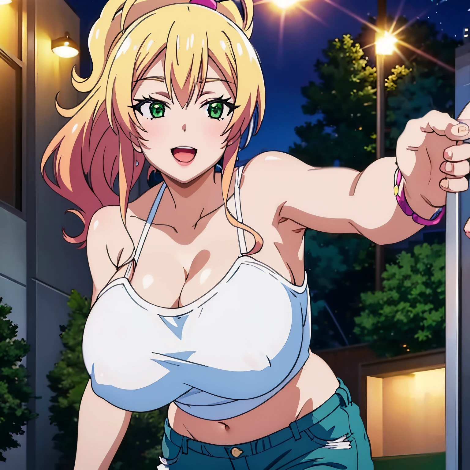 1women, solo, ((nude)), ((huge tits)), slim waist, outdoor, night city, ((busty)), blonde hair, green eyes, ponytail hair, smile, white tank top, navel, jeans short pants, open mouth, view at camera, cleavage