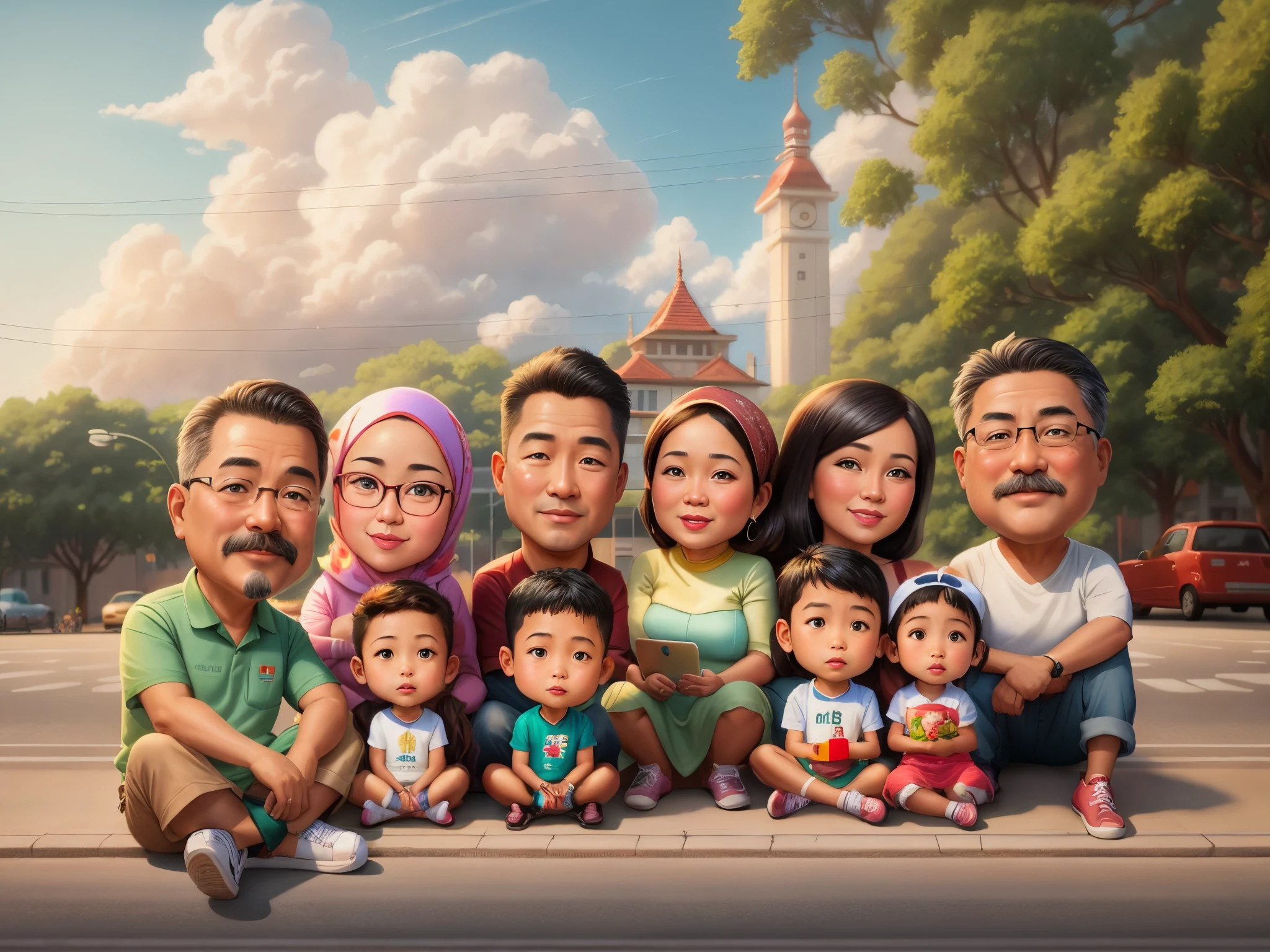 there are many people sitting on the curb of a street, caricature illustration, an indonesian family portrait, in cartoon style, cartoon art, realistic cartoon, digital art cartoon, cartoon digital painting, cartoon digital art, happy family, caricature style, cartoon style illustration, digital cartoon painting art, cartoon portrait, potrait, cartoon painting, cartoon artstyle, caricature, family portrait, hiperrealism:1.1, detail:1.2,bokeh