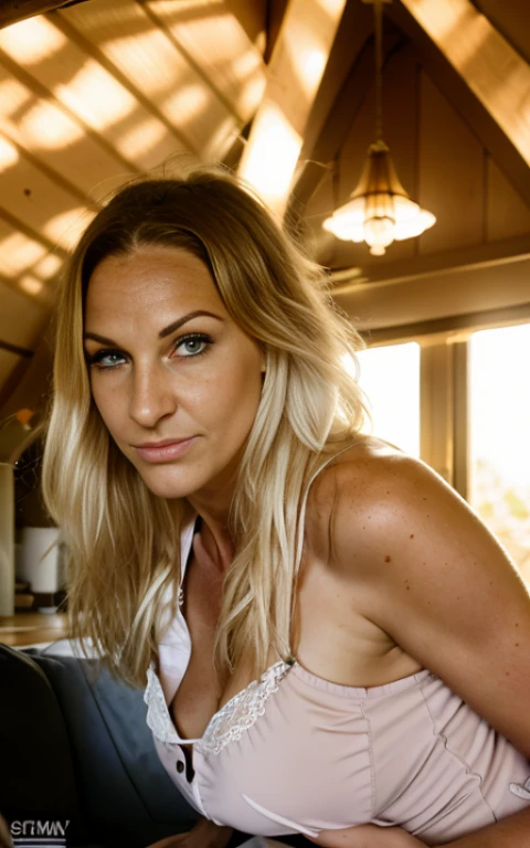 Messy long blonde hair, grey green eyes, long eyelashes, pleasure mouth, freckly irish woman, age 45, large breasts, in sunlit cottage, sunbathing, dust and petals flying, pale skin blushing, pink bra, fresh crispy morning fog, sweaty sundress, freckly sweaty skin, sweaty long blonde hair, dress peeking, bathing in backlighting, opening buttons, sunrays, petals falling, roses, opening shirt, showing clevage, butt, fog, haze, sweaty, dripping, victorian lingerie, sexy nightgown, showing clevage, rose petals, beautiful face, sunlit, in attic, covered in flowers and petals, godrays, cozy, wet skin, morning dew, backlighting, hazy, golden hour, morning light, erotic mood, alone, countryside, shy, masterpiece, best quality, ultra-detailed, solo, smoke, shadows, contrast, close-up, cinematic light, side lighting, ultra high resolution, best shadow, RAW, 4k, sexy, cleavage, (accurate lora face:1)