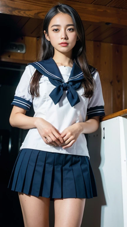 (Best Quality, 8K, 32K, masutepiece, nffsw:1.2), (Raw photo), (Realistic), (Photorealistic:1.2), (High resolution), Ultra-detailed, Extremely beautiful face & Eyes, 1girl in, (Lori, 14 years old:1.2), Young Woman, round small face, thin waist, huge-breasted, slim proportions, (japanese sailor suits, sailor fuku, serafuku, Japanese school sailor uniform, darkblue pleated skirt:1.27), (From below, White thong, Crotch:1.24), (((Inside the cabin of a futuristic spaceship)))