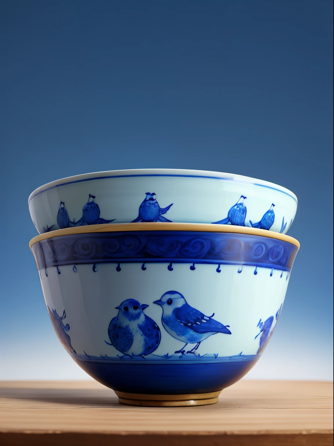 An exquisite blue and white porcelain bowl,The bowl painted with a pattern of birds,true to life,Meaning good luck and prosperity。blue backdrop