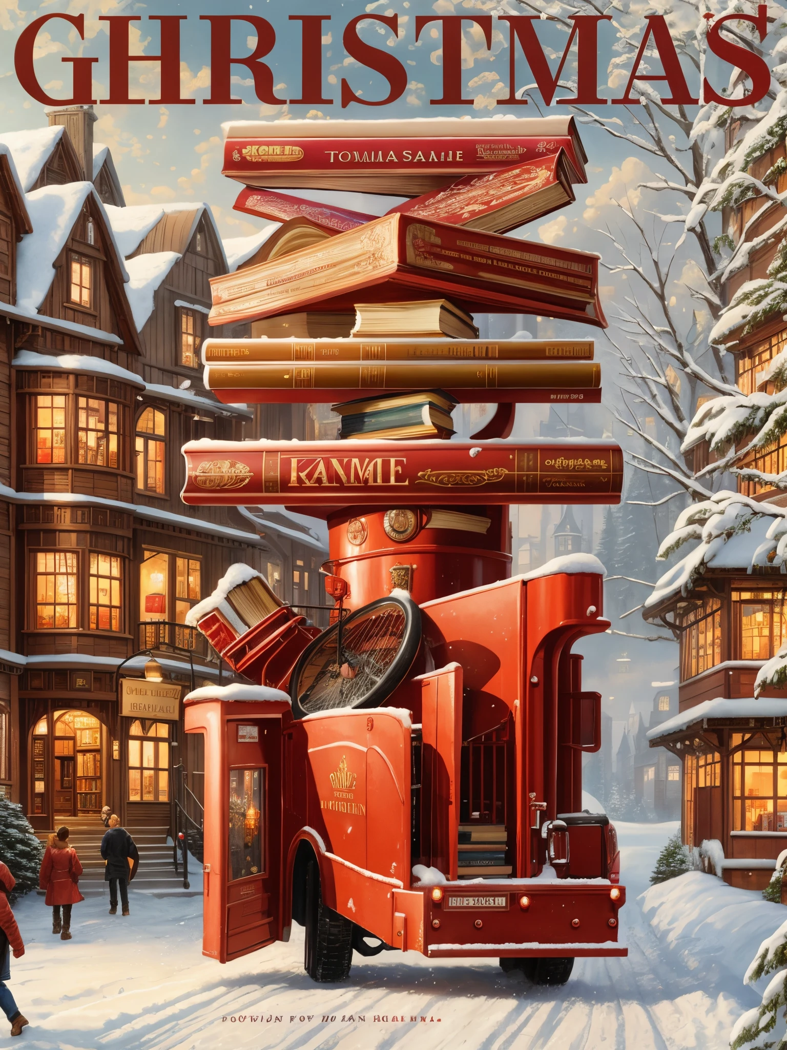 There  a big red truck，There are a lot of books on it, very close shot, Surreal, 4k highly detailed digital art, Thomas Kinkade and Tristan Eton, 4k detailed digital art, 3 4 5 3 1, artwork of a, wide screen shot, Official artwork, By senior artists, 2 0 1 5, 2015, Riman