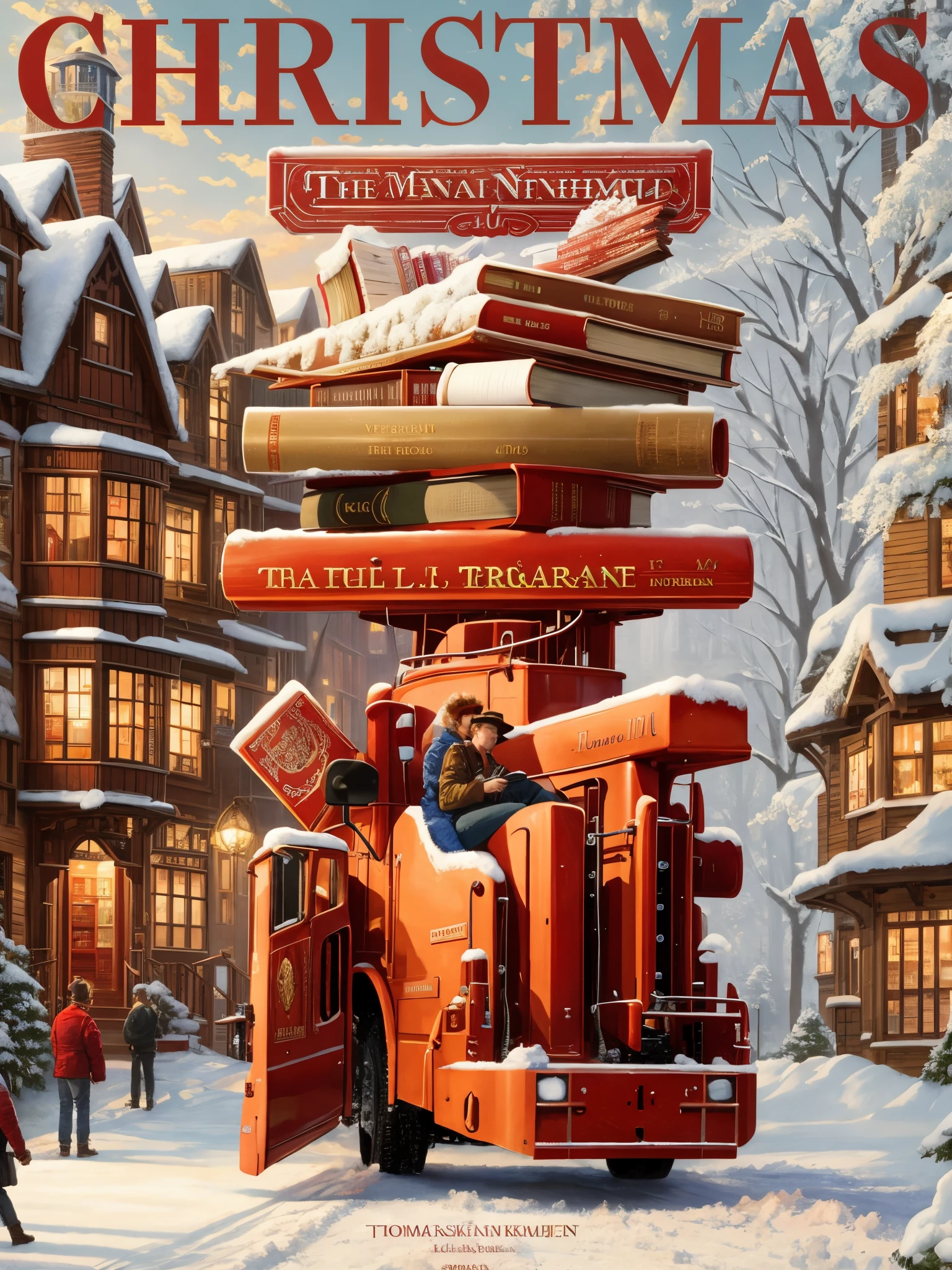 There a big red truck,There are a lot of books on it, very close shot, Surreal, 4k highly detailed digital art, Thomas Kinkade and Tristan Eton, 4k detailed digital art, 3 4 5 3 1, artwork of a, wide screen shot, Official artwork, By senior artists, 2 0 1 5, 2015, Riman
