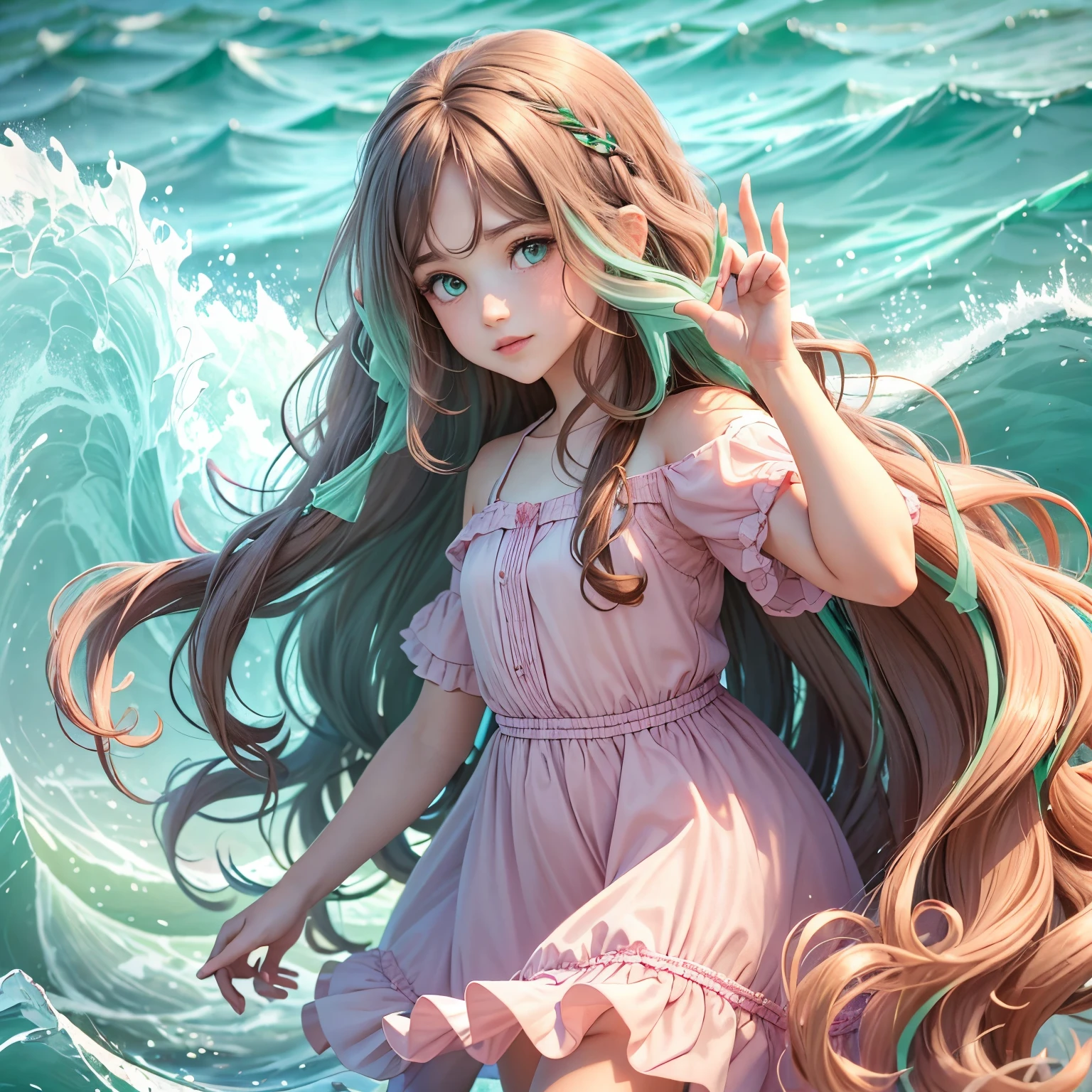 Wavy long hair, Brown hair, 1girl in, emerald eyes, Wave your hand with two fingers, Pink lips, Pastel green dress,